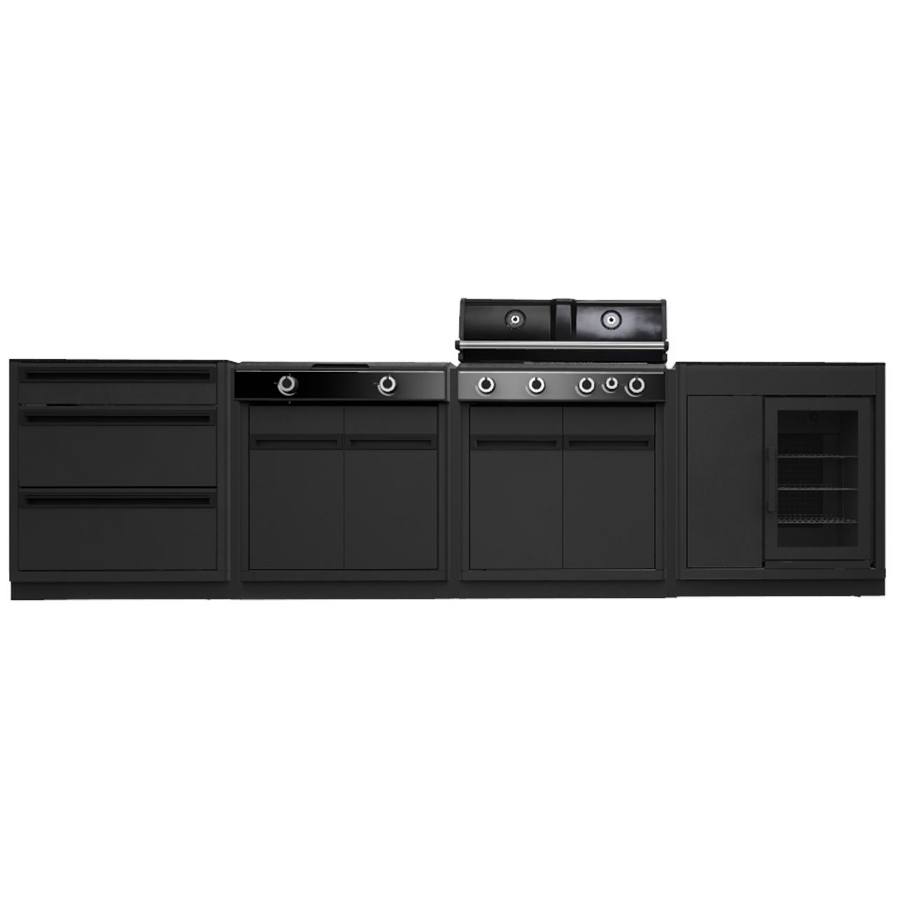 Outdoorchef Heat Outdoorküche X-415 mit X-245, Kühlschrank und Schubladenschrank inkl. Arbeitsplatte aus Granit und Sockelblende