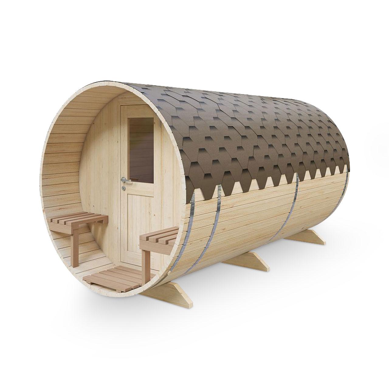 Gartensauna Ofen.de S4PV Saunafass 4 m mit Vorraum und Sitzen außen - Ausführung: Ø 2m mit Elektroofen 6 kW - Holz: Fichte