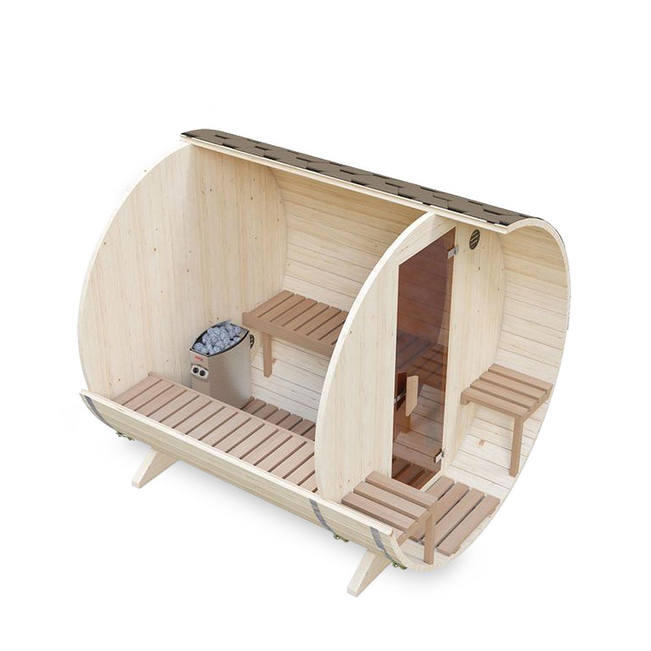 Gartensauna AA Kaminwelt S2V Saunafass 2,4 m mit Sitzen außen - Ausführung: Ø 2m mit Elektroofen 6 kW - Holz: Fichte