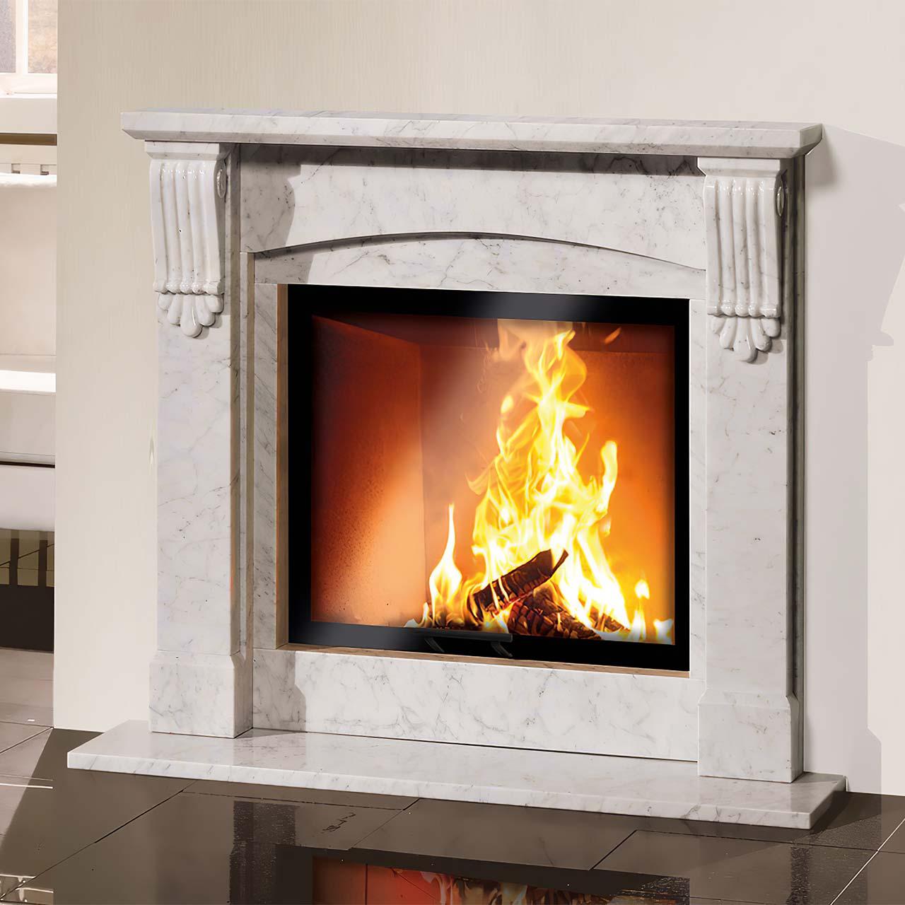 Kaminbausatz Camina N22 mit 9 kW - Naturstein: Travertino Romano - Feuerraumauskleidung: Schamotte weiß