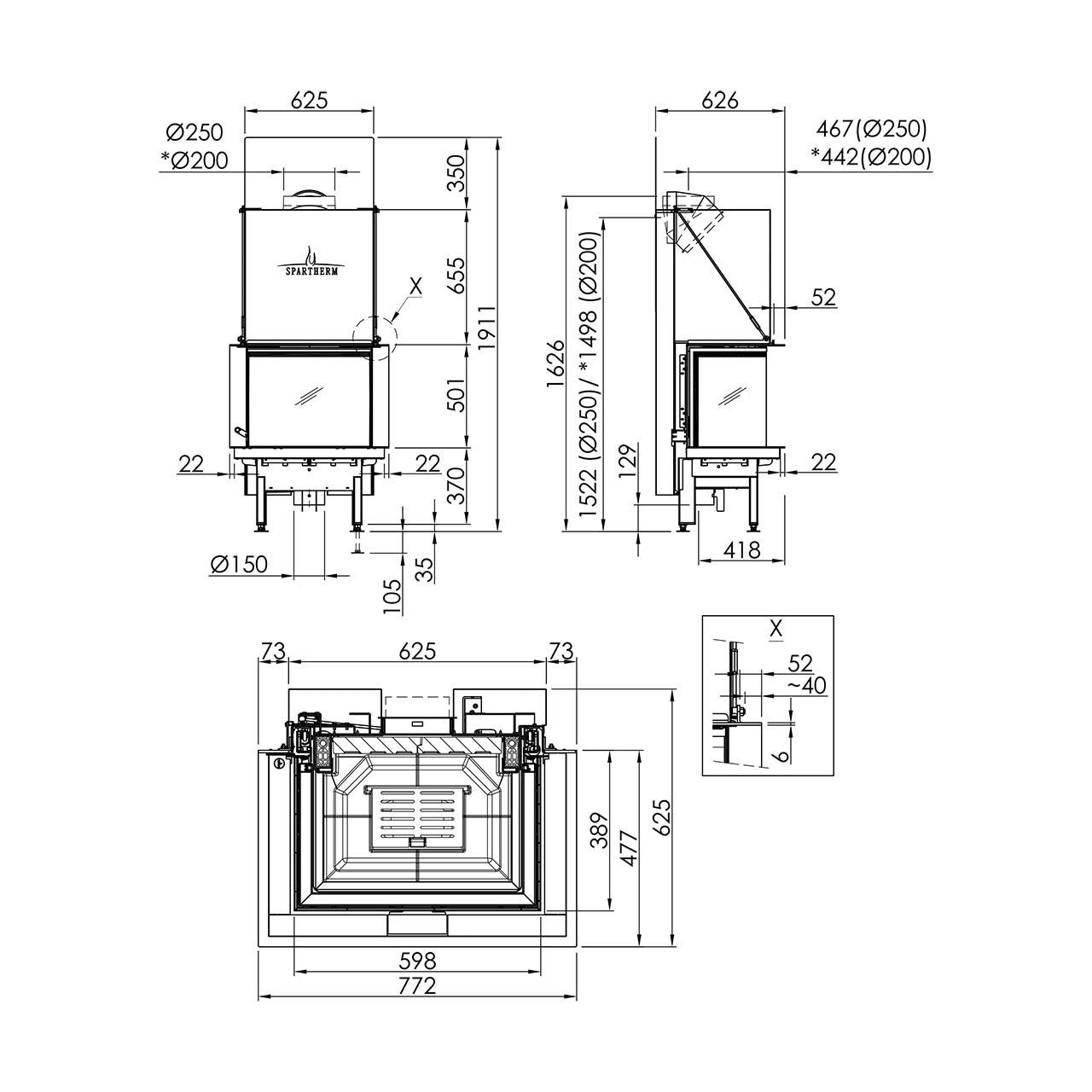 Kamineinsatz Spartherm Premium A-3RL-60h 10 kW - Feuerraumauskleidung: weiß - Rauchrohrdurchmesser: 250 mm