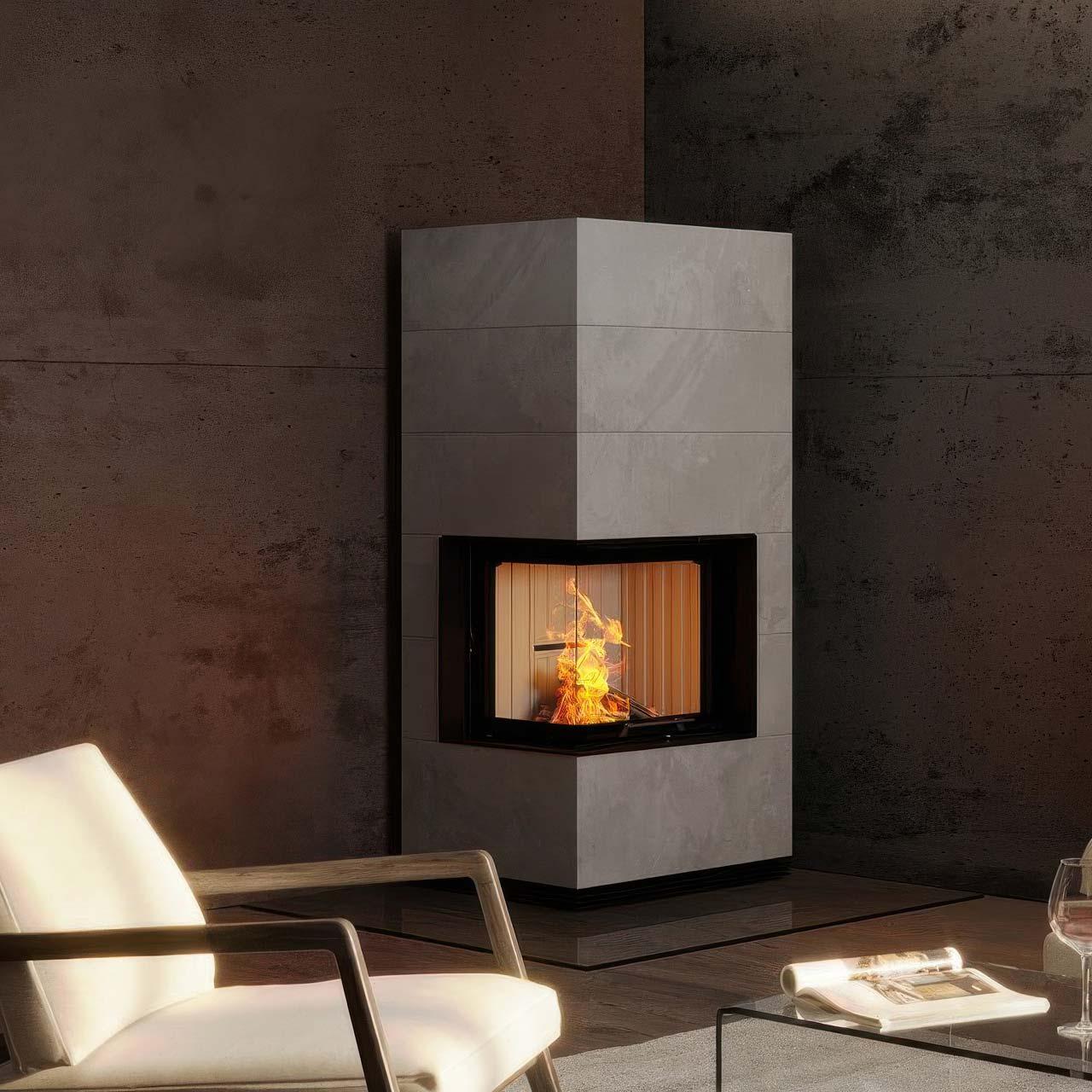 Kaminbausatz Spartherm SIM Varia 2L-55h 7 kW - Verkleidung: 1/3 Beton Fino - Feuerraumauskleidung: Elfenbein - Verbrennungsluft: raumluftunabhängig (RLU)
