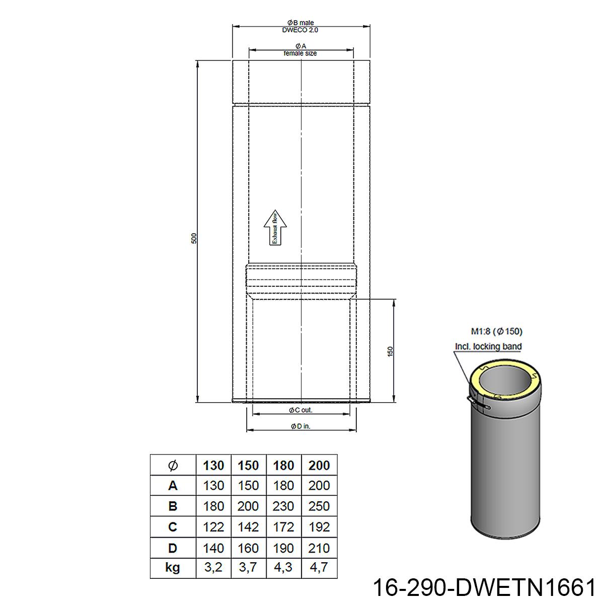 Jeremias DW-BLACK Längenelement 500mm mit integriertem FERRO Wandfutter - für Schornstein-Innendurchmesser: 150mm