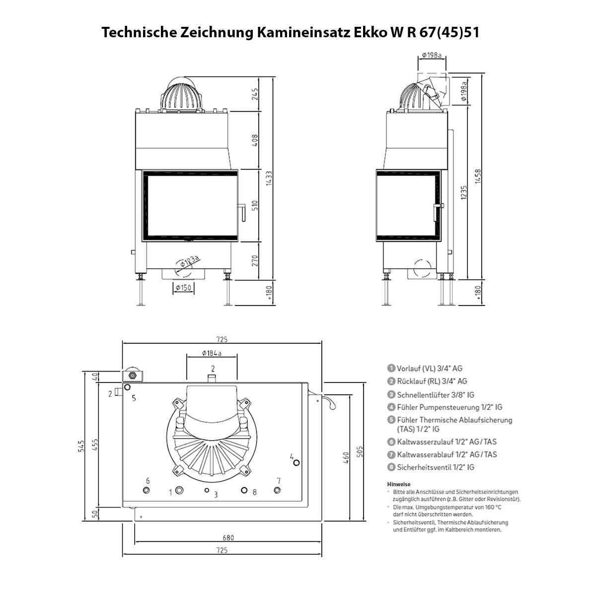 Kaminbausatz wasserführend Camina S10 mit 14,9 kW - Eckscheibe: rechts - Ausführung Kaminbausatz: Beton natur - Türausführung: schwenkbar - Feuerraumauskleidung: Schamotte weiß