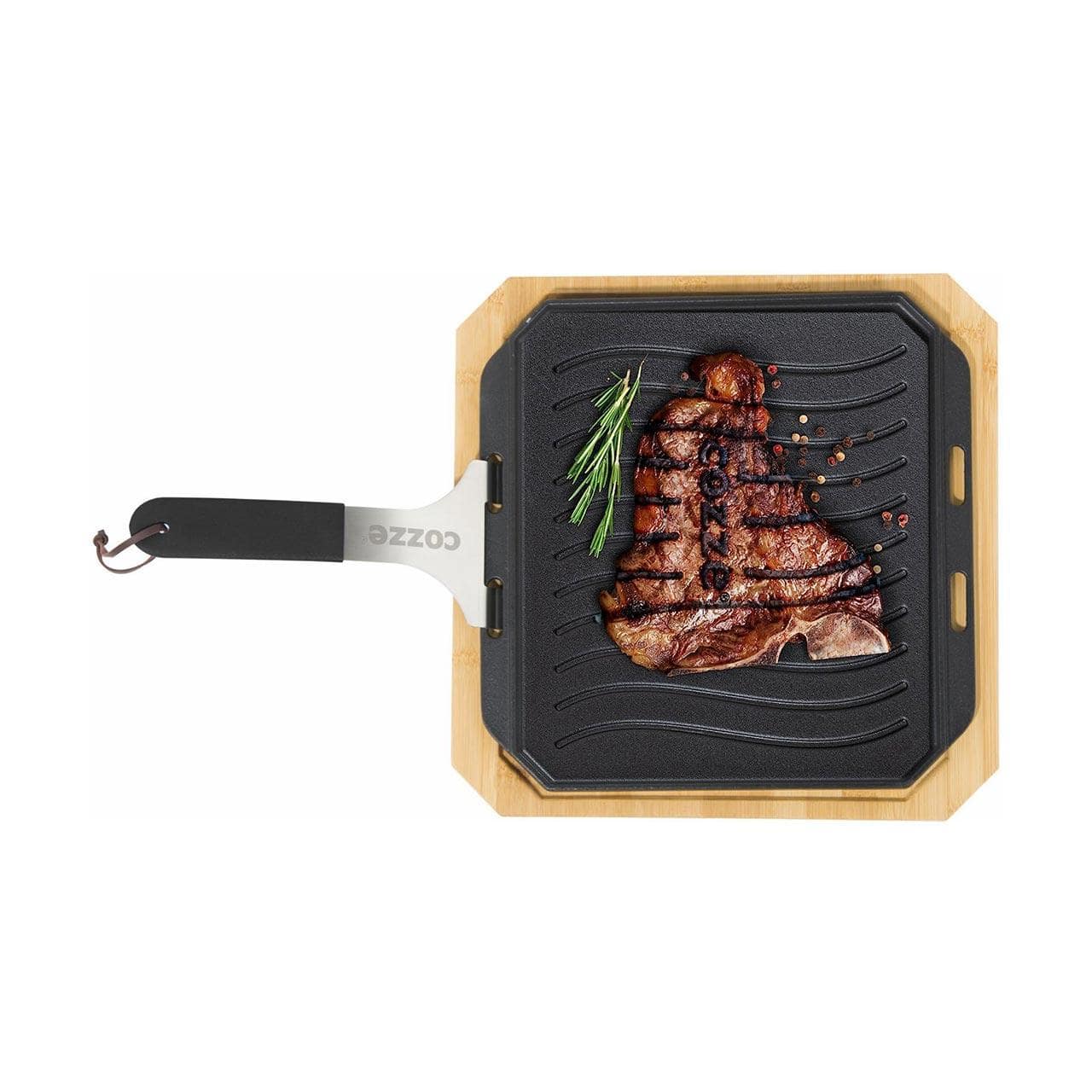 Grillzubehör Cozze Gusseisenpfanne mit Bambus Servierbrett 30x30 cm