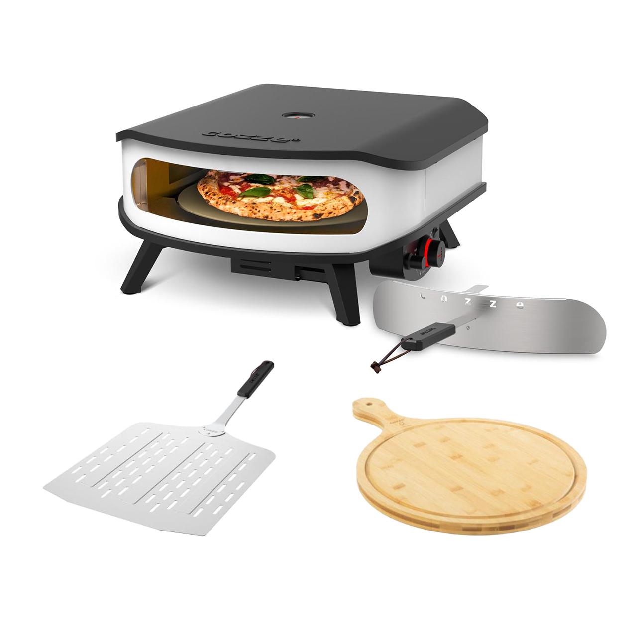 Cozze Pizza Bundle 17 Zoll: Gas Pizzaofen mit rotierendem Pizzastein inkl. Pizzaheber und Bambus Pizzabrett