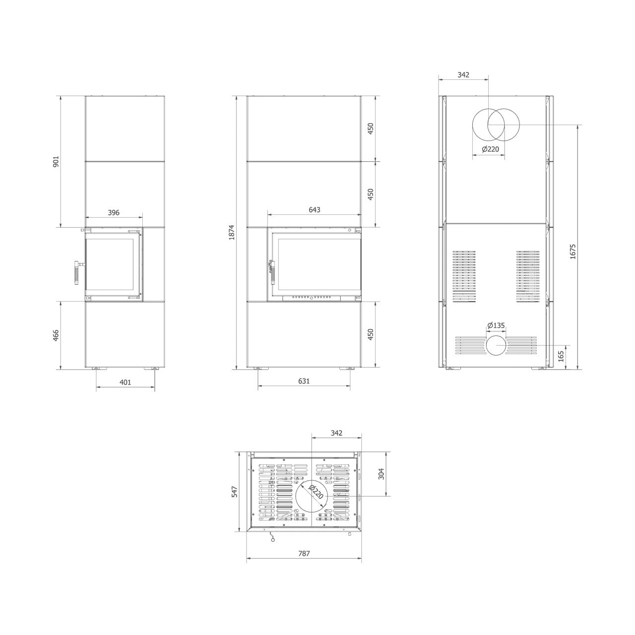 Kaminbausatz Kratki SIMPLE/BOX 8 kW - Ausführung: Schwarz, Seitenglas rechts