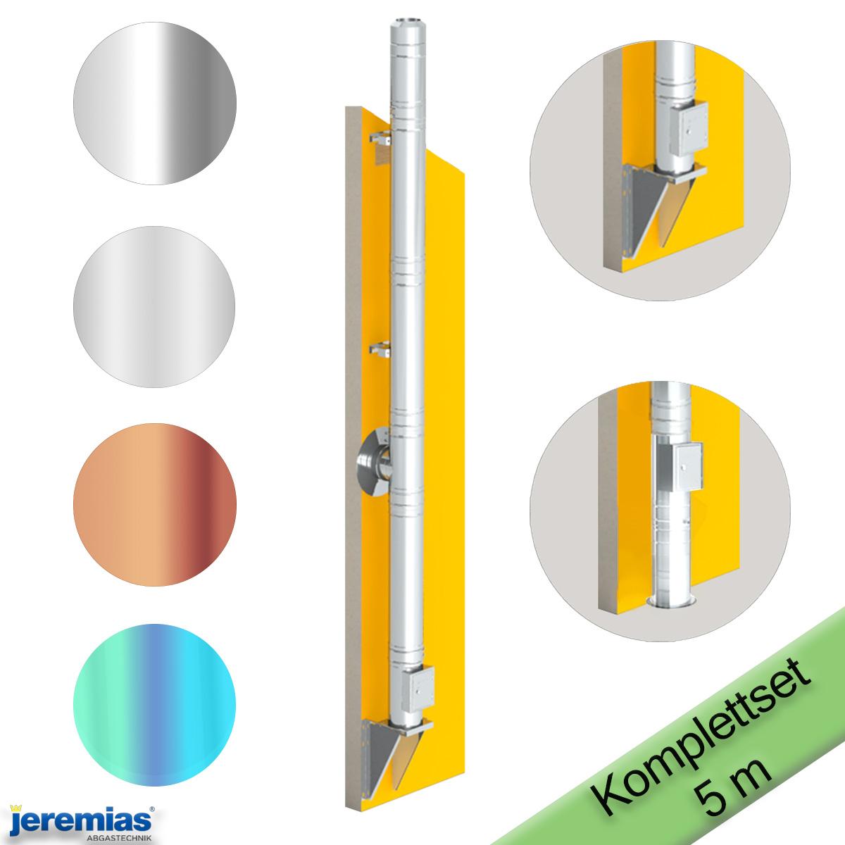 5 m Edelstahlschornstein Bausatz doppelwandig Jeremias DW-FU Ø 150 mm - Montage: Wand - Wandabstand: 50-150 mm - Oberfläche: Edelstahl hochglanz