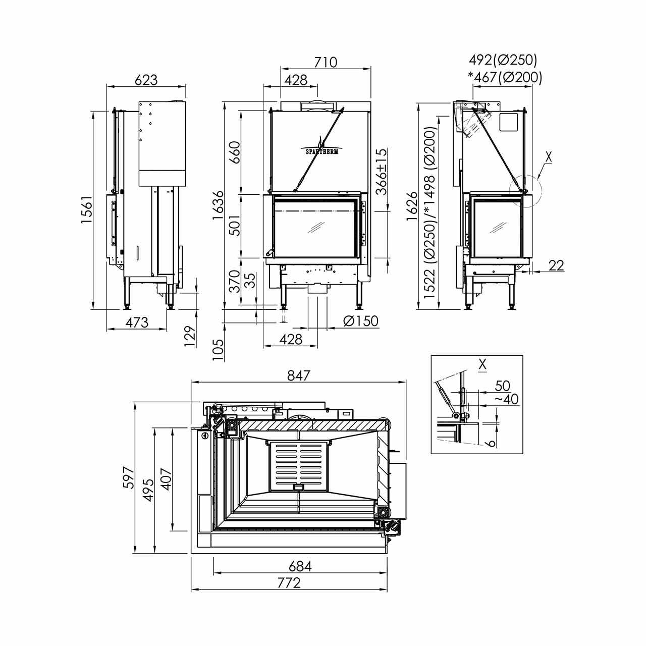 Kamineinsatz Spartherm Premium V-2L-68h 9,6 kW - Ausführung: Abgasanschluss 200mm