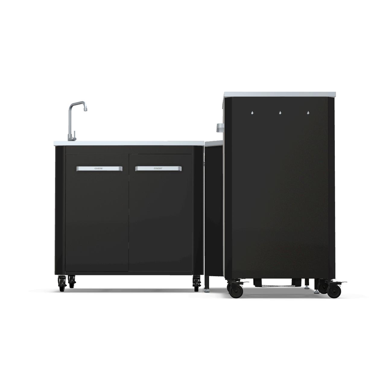 Cozze Outdoorküche Bundle mit Ecktisch, Spülenschrank 90 cm & hohem Schrankmodul 60 cm mit Edelstahlplatte