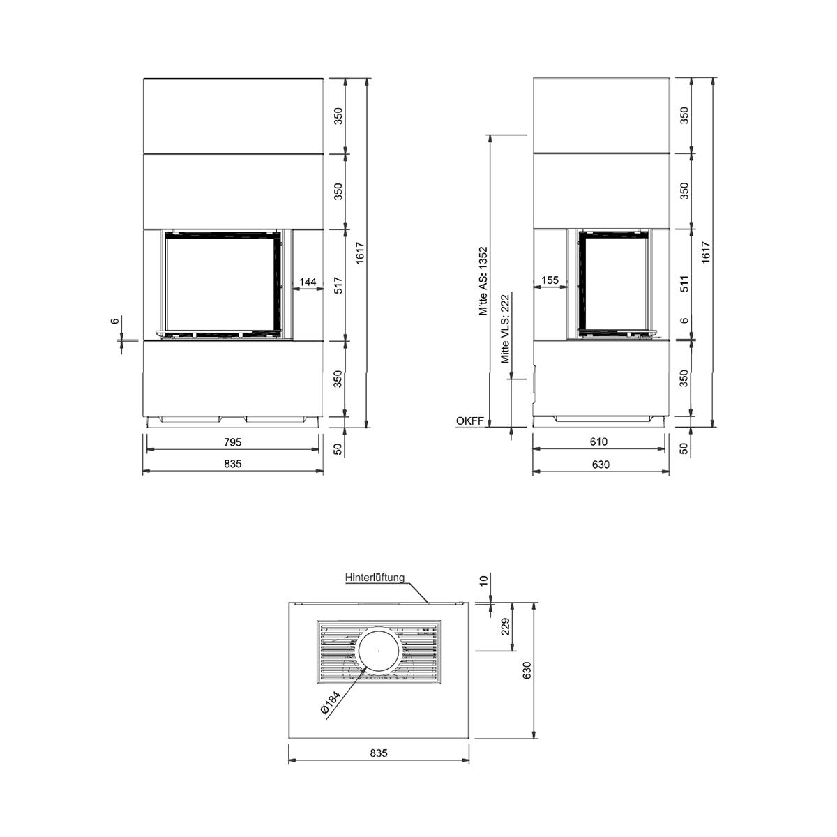 Kaminbausatz Camina S17 mit 5 kW - Ausführung Kaminbausatz: Beton natur - Eckscheibe: rechts - Türausführung: schwenkbar  - Feuerraumauskleidung: Schamotte weiß