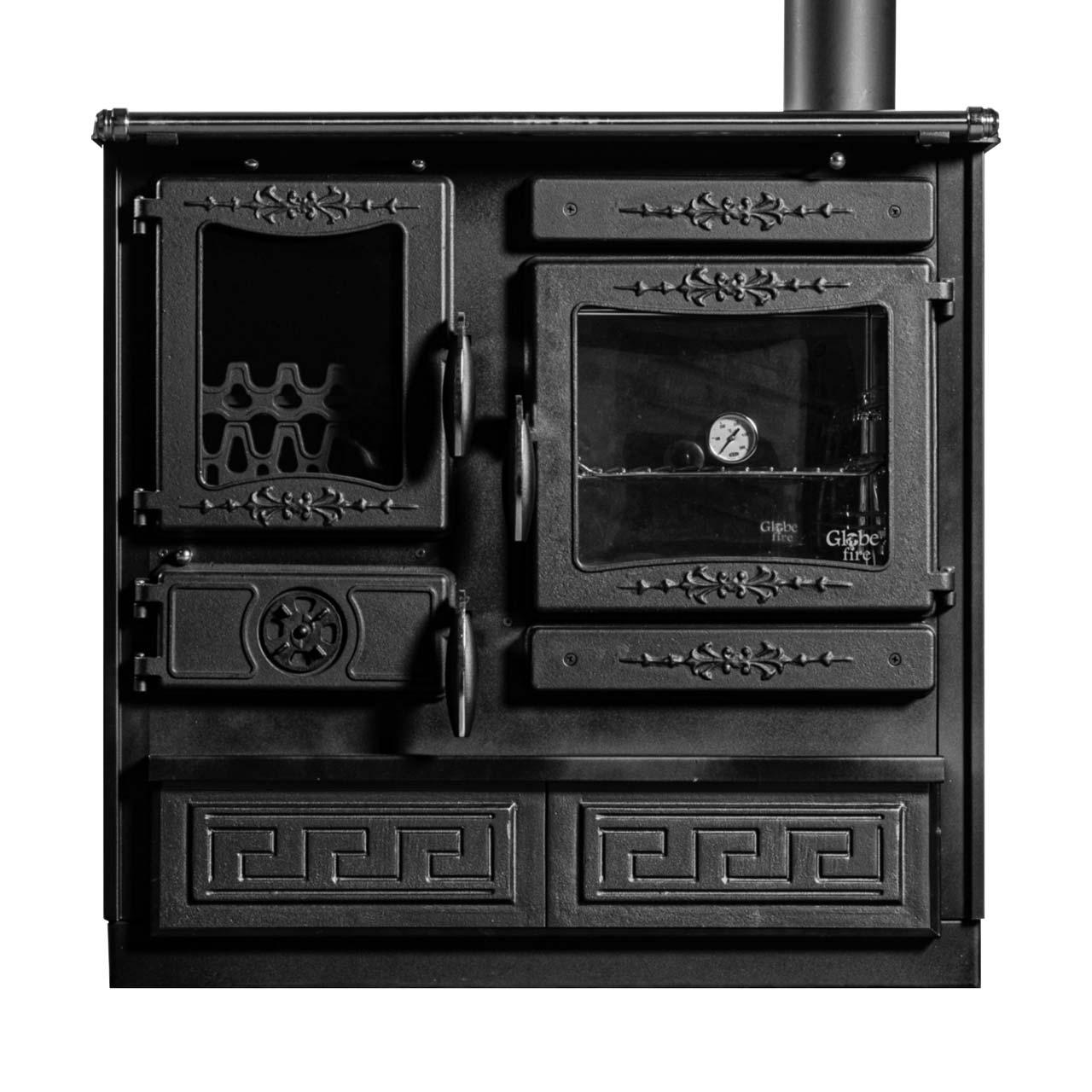 Holzherd Globe Fire Alhena Guss 6,6 kW - Ausführung: Backofen Rechts, Korpus Schwarz