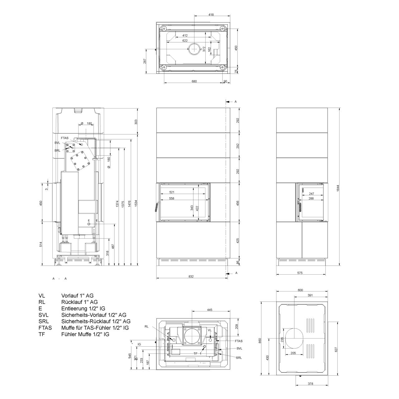 Kaminbausatz Brunner wasserführend BSK 12.1 Kamin-Kessel Eck 42/57/30 links, Drehtür 8 kW - Kessel-Ausführung: Glaskeramik beschichtet (GKB), EOS-vorbereitet