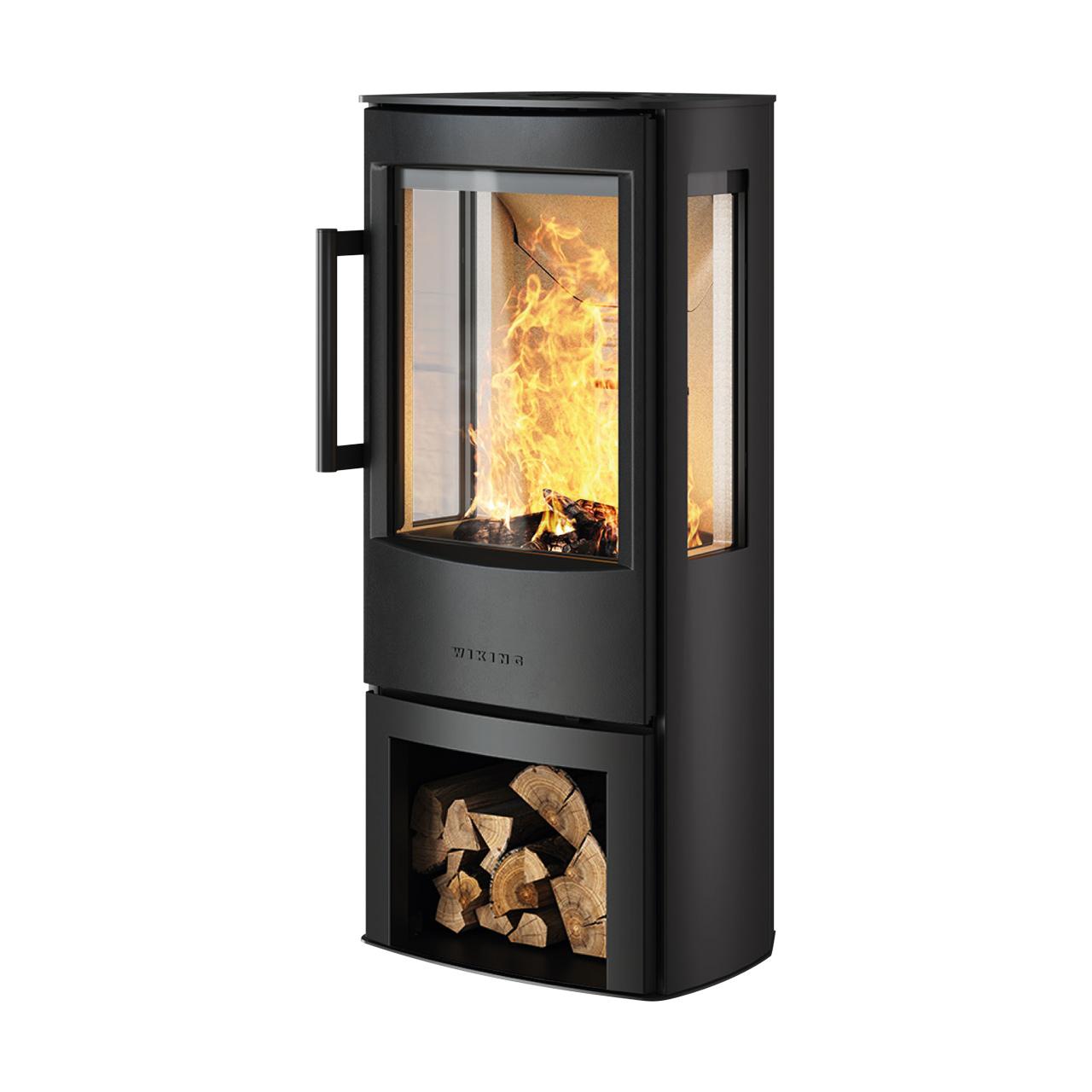Kaminofen Wiking Miro 3+ mit 4,4 kW - Holzfach: offen - Korpus: Schwarz - Rauchabgang: Oben