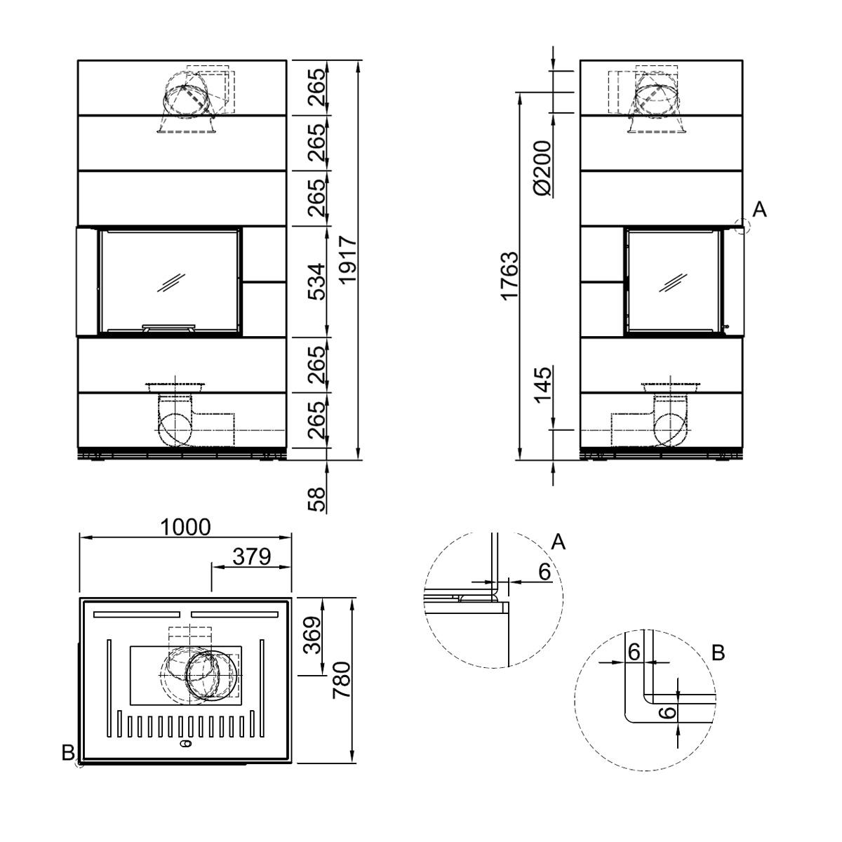 Kaminbausatz wasserführend Spartherm SIM Varia 2Lh H2O 13,3 kW - Ausführung: 2/3 Beton Fino - Feuerraumauskleidung: elfenbein