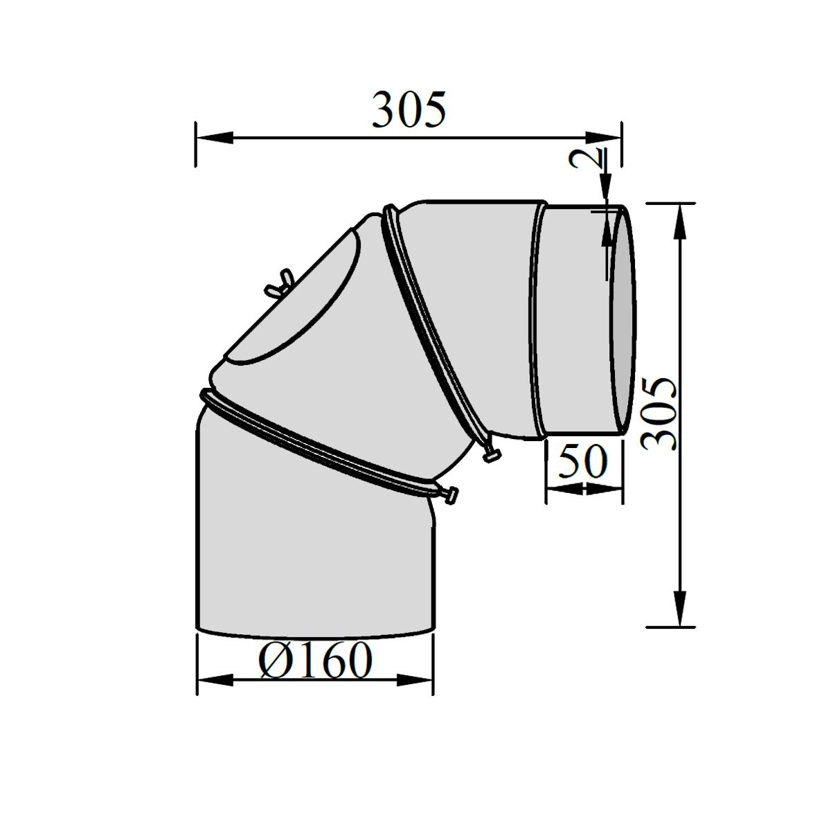 Ofenrohr Bogen 3tlg. verstellbar mit Tür DN 160 mm 90° Schwarz