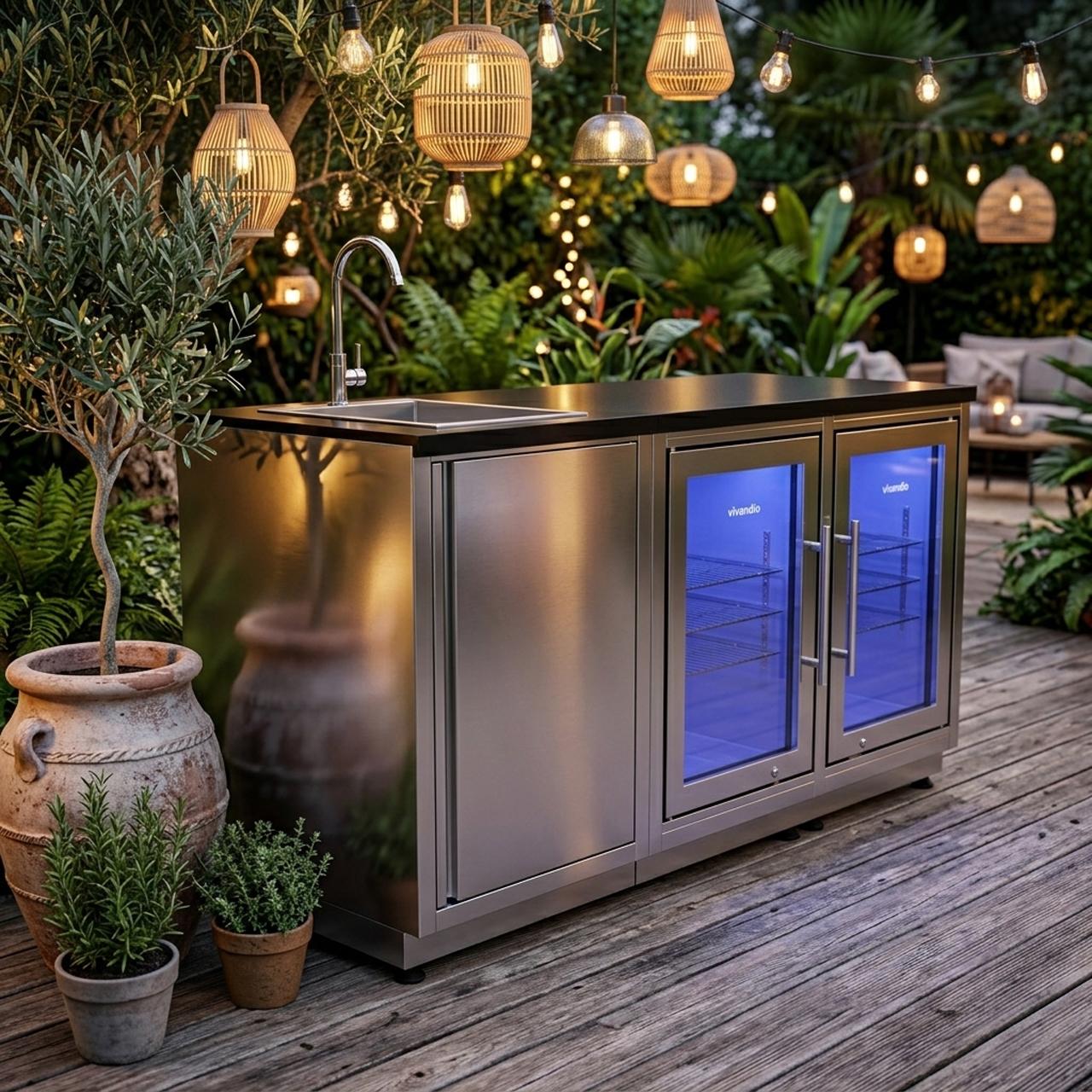 Outdoorküche vivandio quub / Outdoor Aperitivo-Station mit Doppelkühlschrank und Spüle - Ausführung: silber - Mobilität: mit Stellfüßen