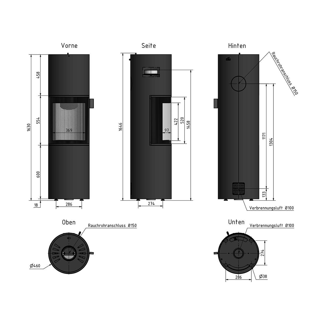 Kaminofen Cera Design Prego XL mit 6 kW, 180° Sichtglas - Ausführung: Grau
