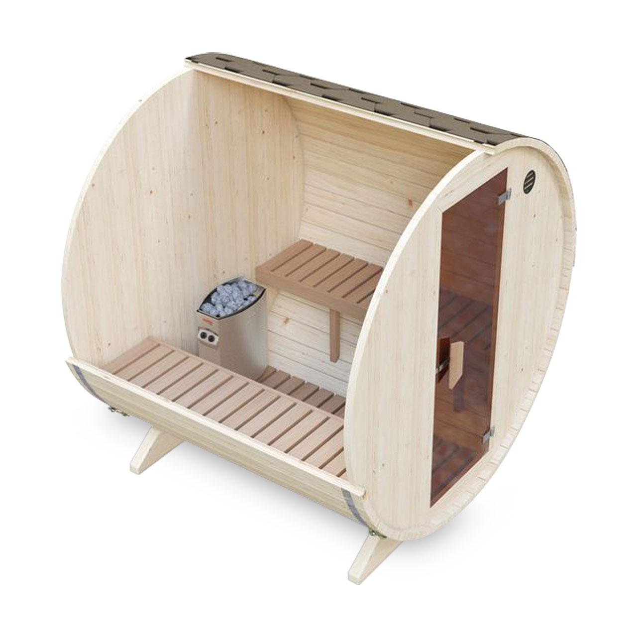 Gartensauna AA Kaminwelt S2 Saunafass S2, 2 m - Ausführung: Ø 2m mit Elektroofen 6 kW - Holz: Fichte