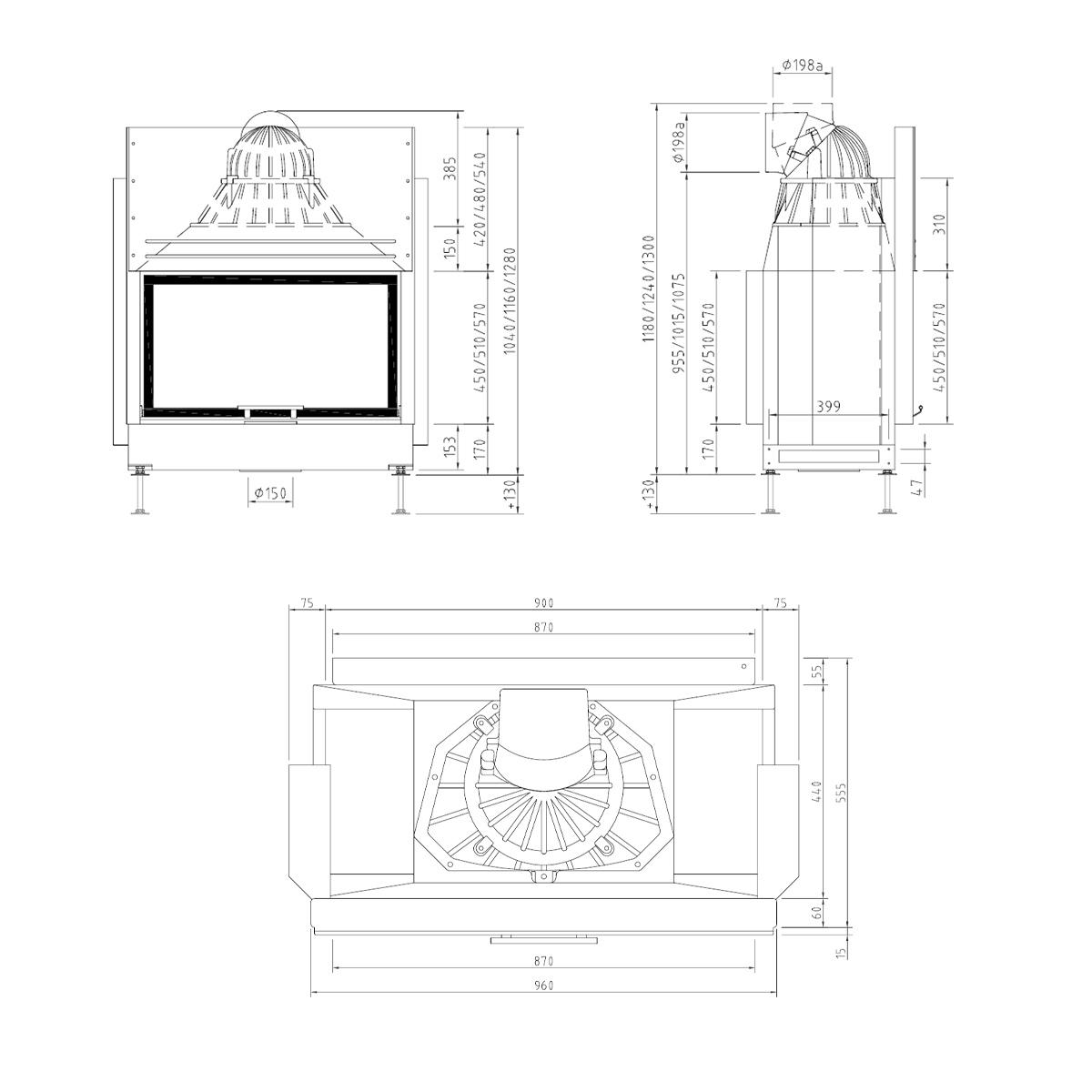 Tunnel-Kamineinsatz Schmid Lina TV 87 h/s mit 10 kW - Türhöhe: 57 cm - Brennraumauskleidung: Schamotte Weiß - modulares Blendrahmensystem: nein