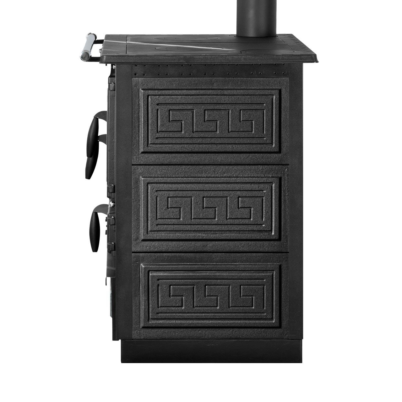 Holzherd Globe Fire Alhena Guss 6,6 kW - Ausführung: Backofen Rechts, Korpus Schwarz