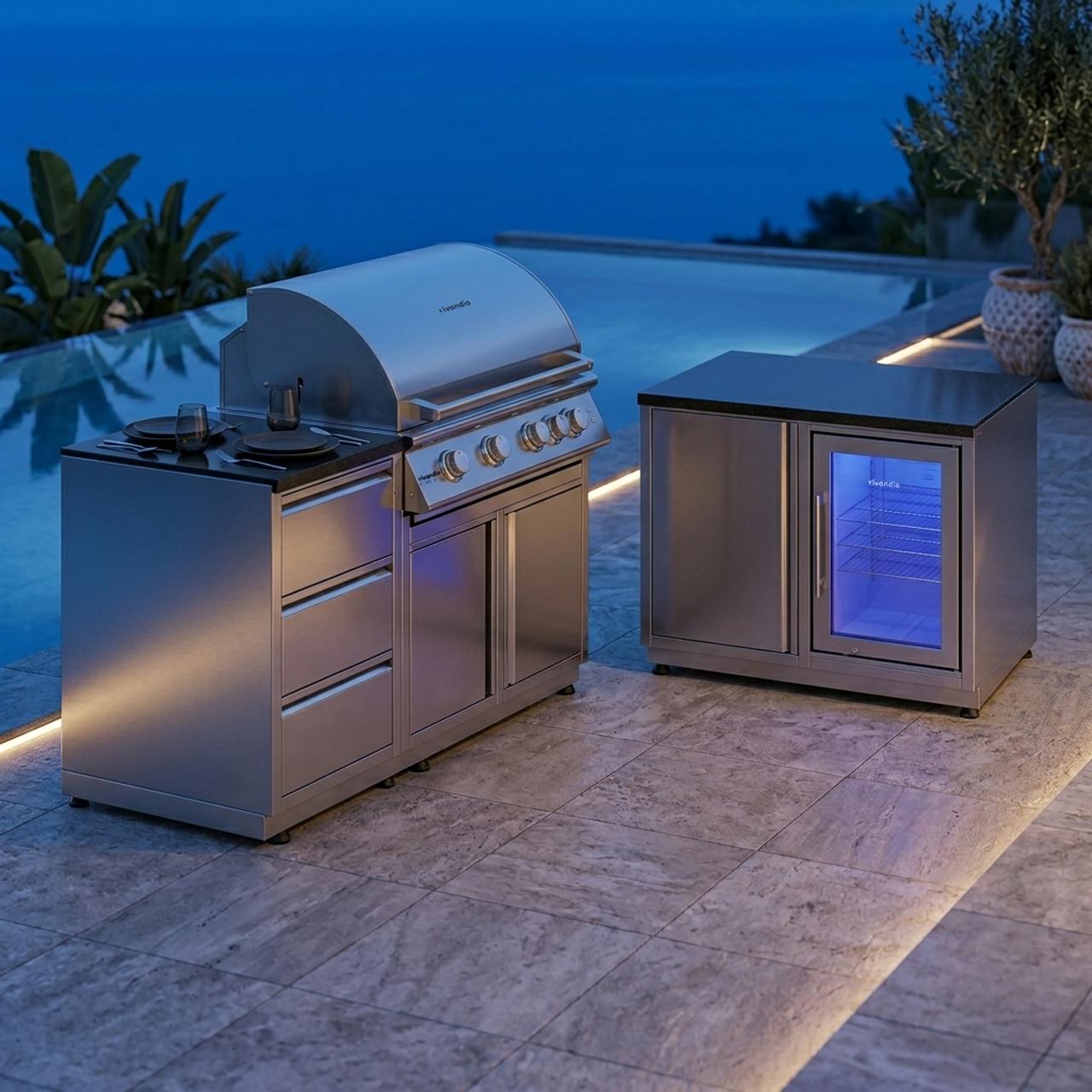 Outdoorküche vivandio quub / Mobile Outdoorküche mit Grill, Kühlschrank & Schubladen - Ausführung: silber - Mobilität: mit Stellfüßen