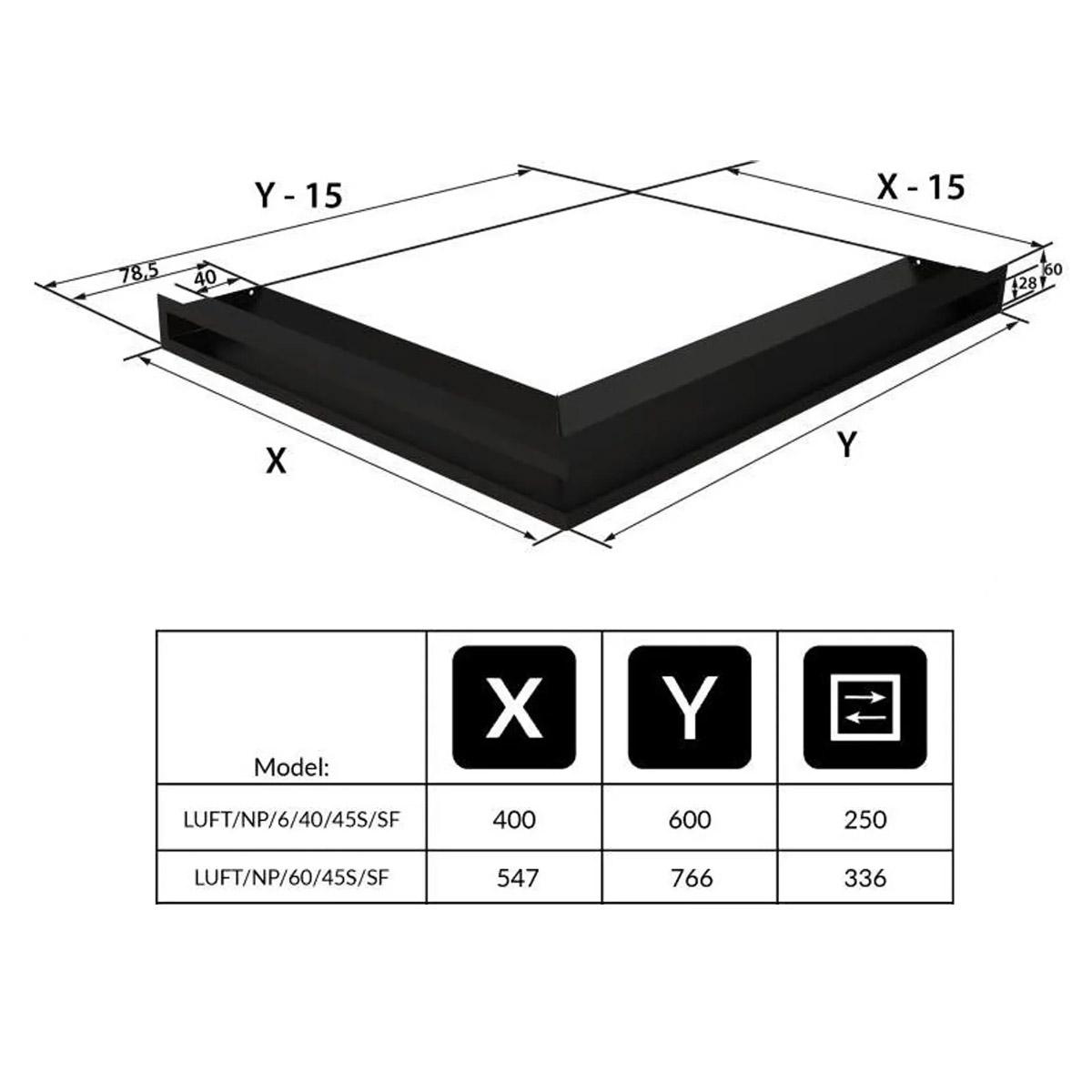 Kratki Eck-Luftleiste rechts - Größe: 40 x 60 x 6 cm - Farbe: schwarz - Ausführung: slim (geringere Einbautiefe)