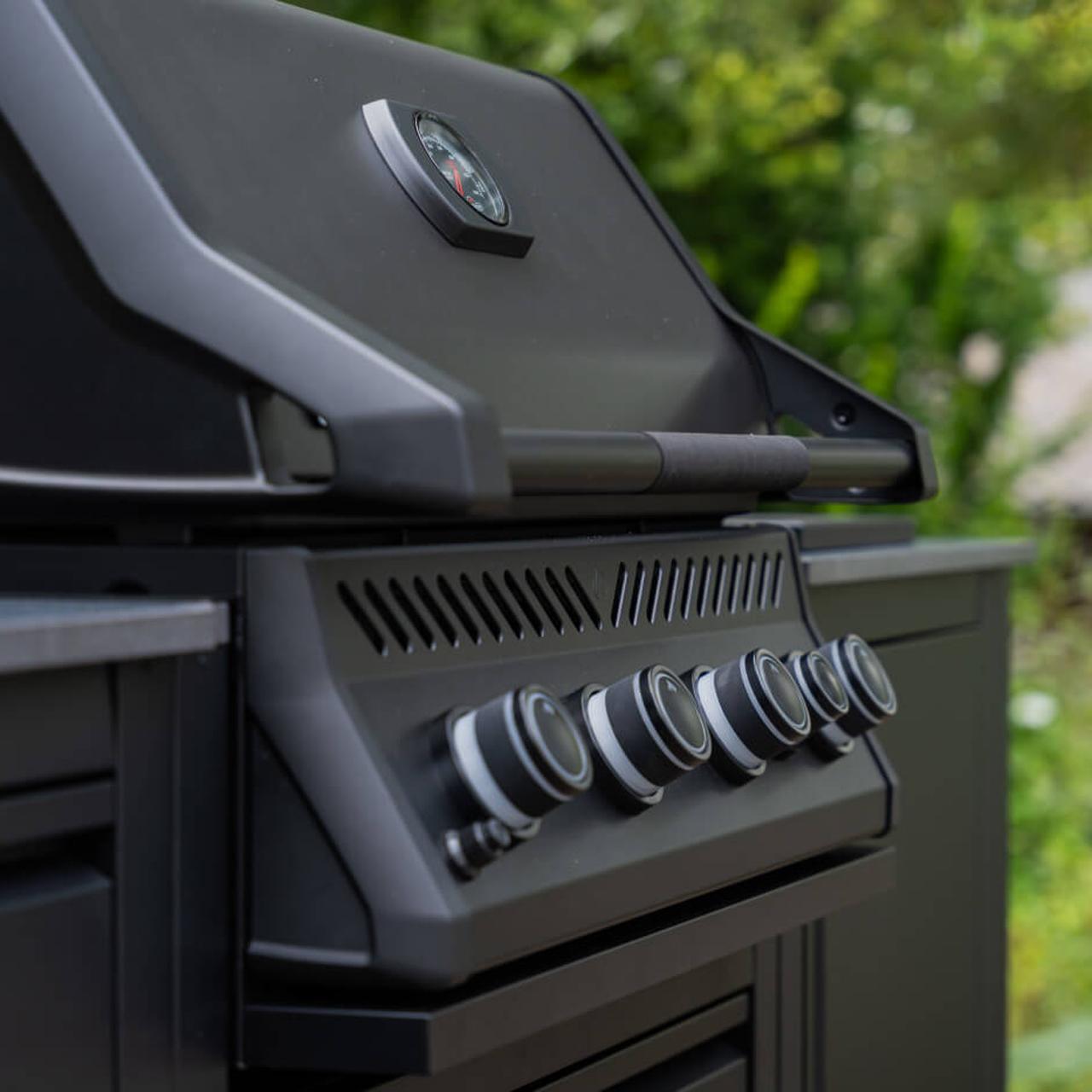 Napoleon Einbau Gasgrill 300 Series 32 Zoll Mattschwarz inkl. Oasis Untergestell, Abdeckhaube & Drehspieß