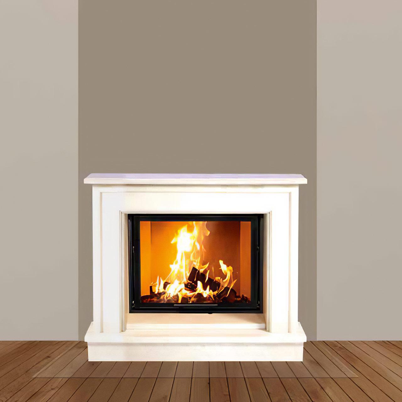 Kaminbausatz Camina N27 mit 9 kW - Naturstein: Travertino Romano - Feuerraumauskleidung: Schamotte weiß