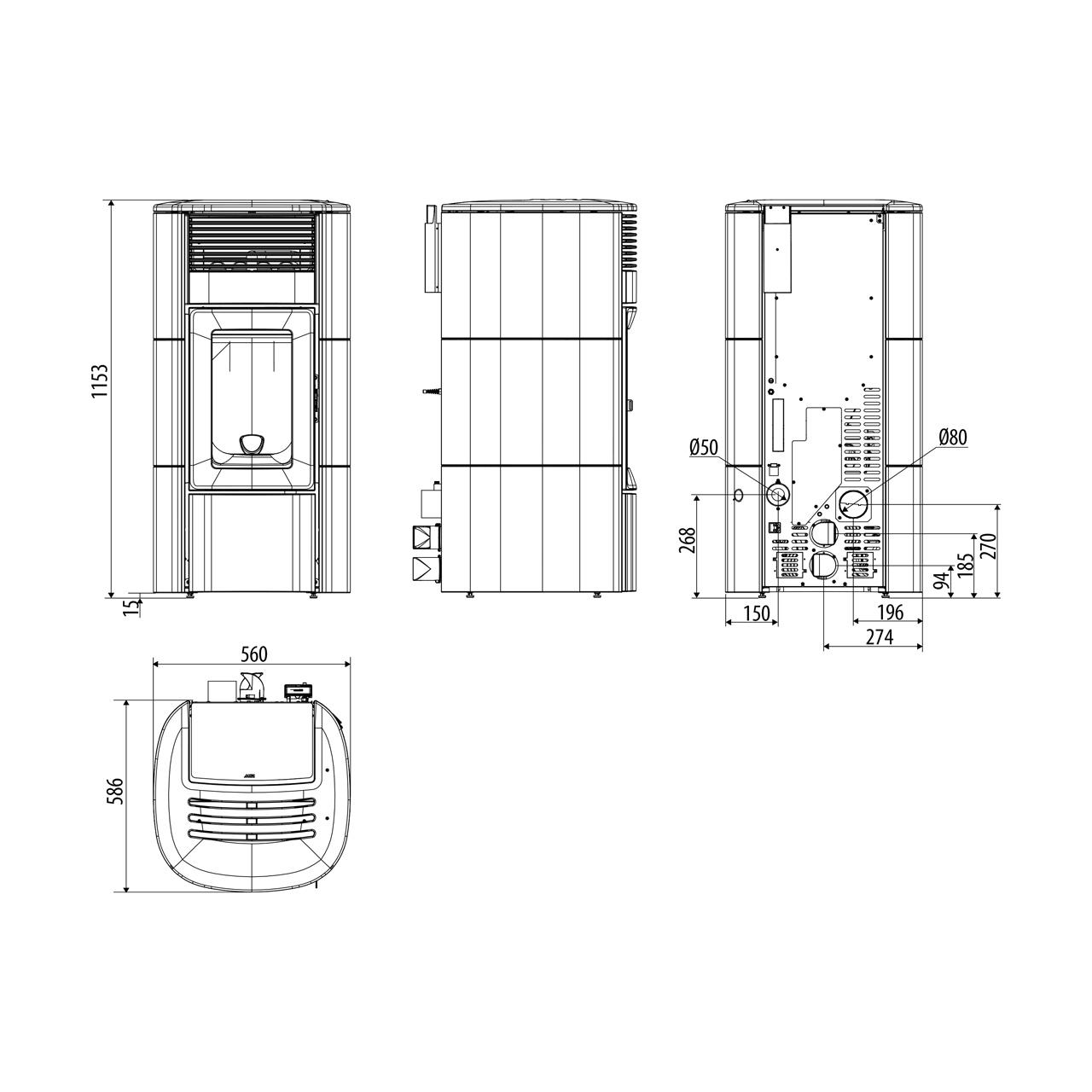 Pelletofen MCZ Club Absolute Comfort Air Matic 12 Core R - Ausführung: Top Keramik weiß + Verkleidung Stahl schwarz