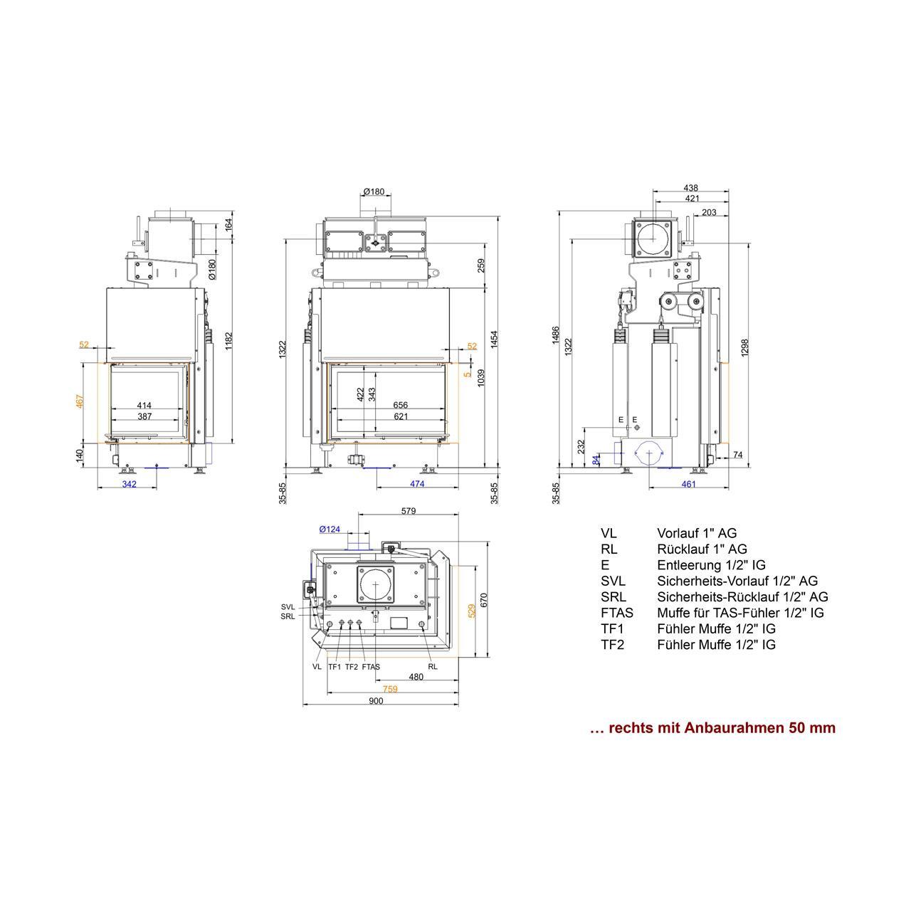 Kamineinsatz wasserführend Brunner Kamin-Kessel Eck 45/67/44 S04.2 rechts, Schiebetür 12 kW - Kessel-Ausführung: Glaskeramik (GK) - Ausführung: Anbaurahmen, schwarz 50 mm