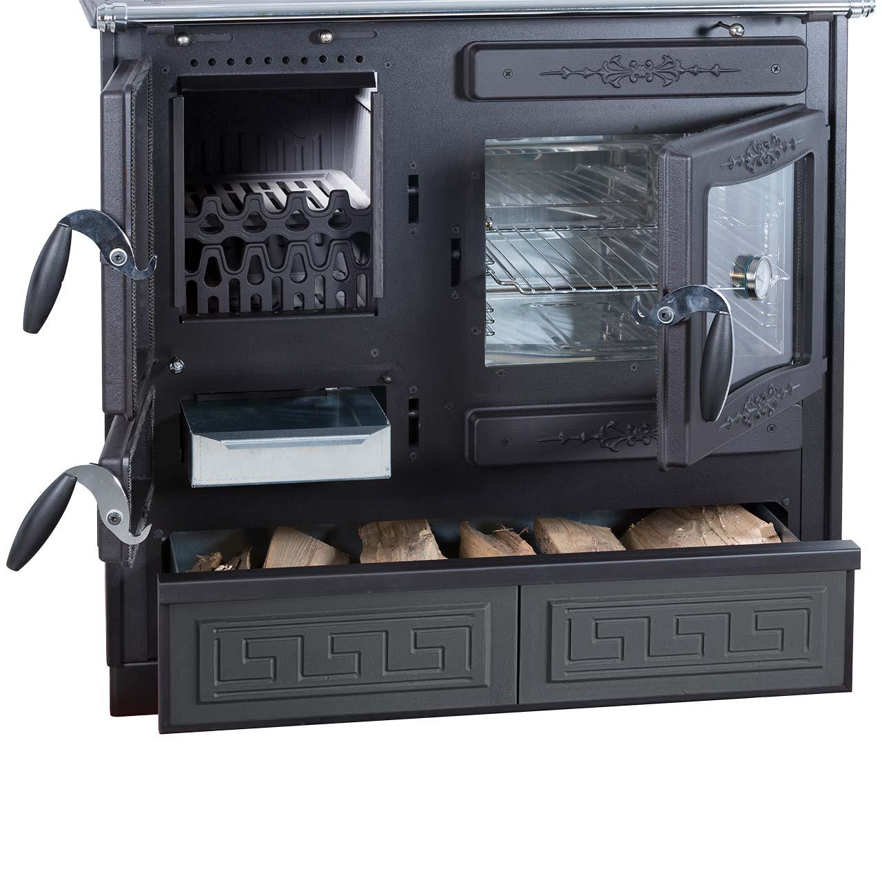 Holzherd Globe Fire Alhena Guss 6,6 kW - Ausführung: Backofen Rechts, Korpus Grau
