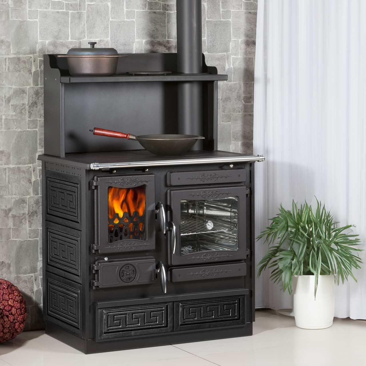 Holzherd Globe Fire Alhena Guss 6,6 kW - Ausführung: Backofen Rechts, Korpus Schwarz