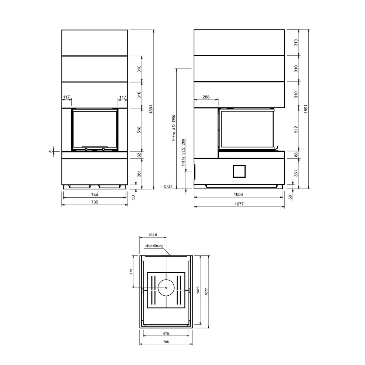 Kaminbausatz Camina S14 mit 9 kW - Ausführung Kaminbausatz: Beton natur - Feuerraumauskleidung: Schamotte weiß