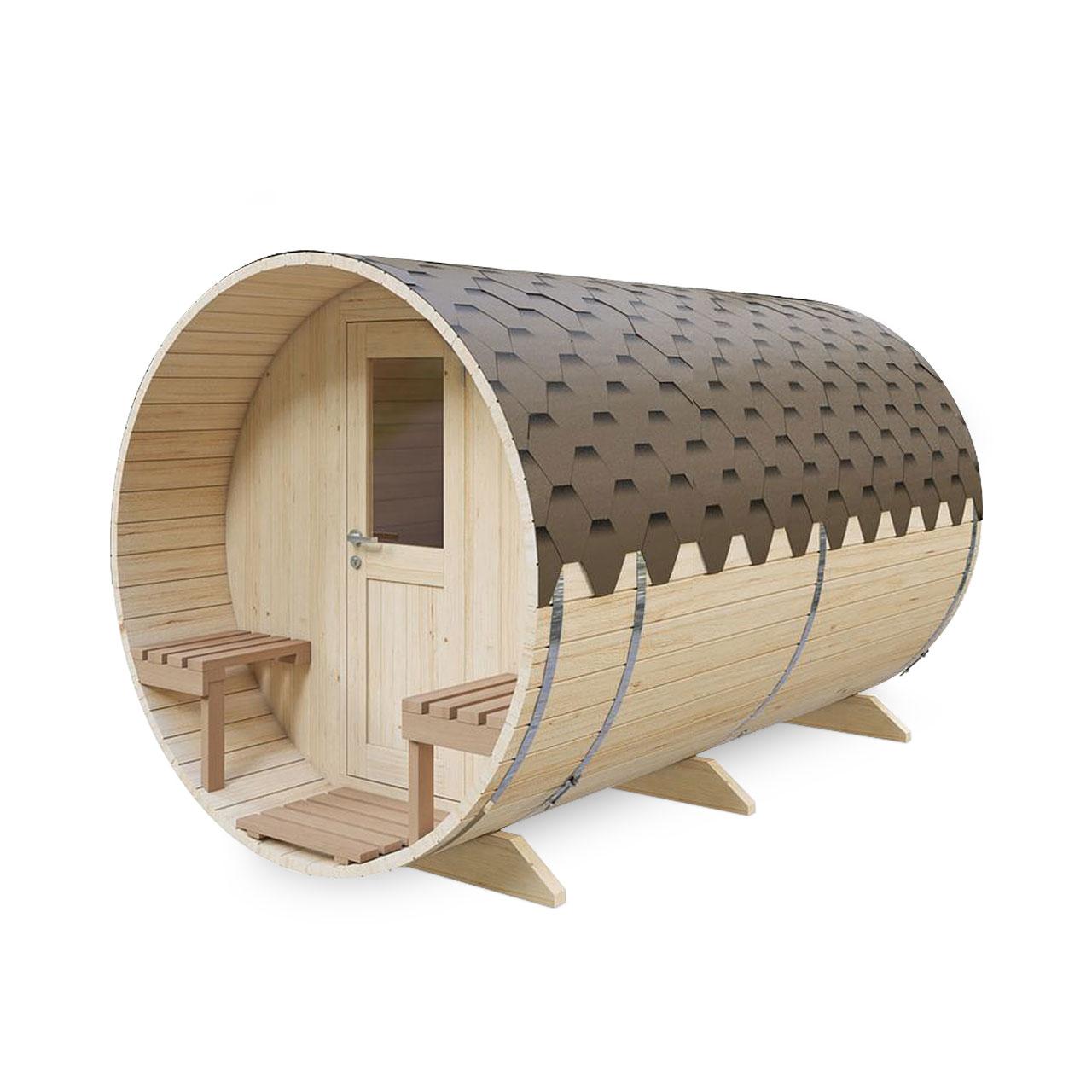 Gartensauna AA Kaminwelt S3V Saunafass 3,6 m mit Sitzen außen - Ausführung: Ø 2m mit Elektroofen 6 kW - Holz: Fichte