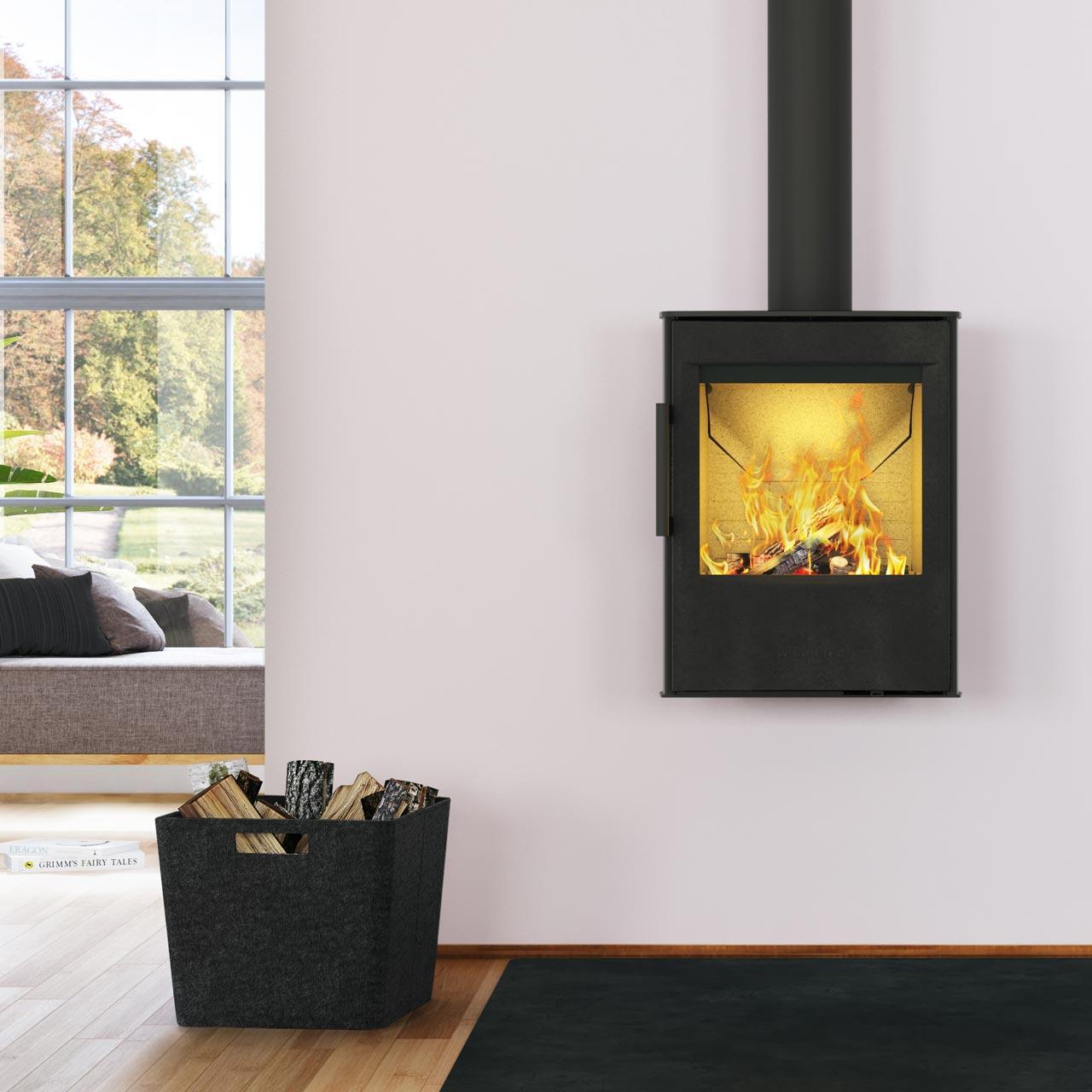 Kaminofen Wiking Mini 2 Wandhängend 4,5 kW - Montage: gerade Wand - Korpus: Grau - Rauchabgang: Oben