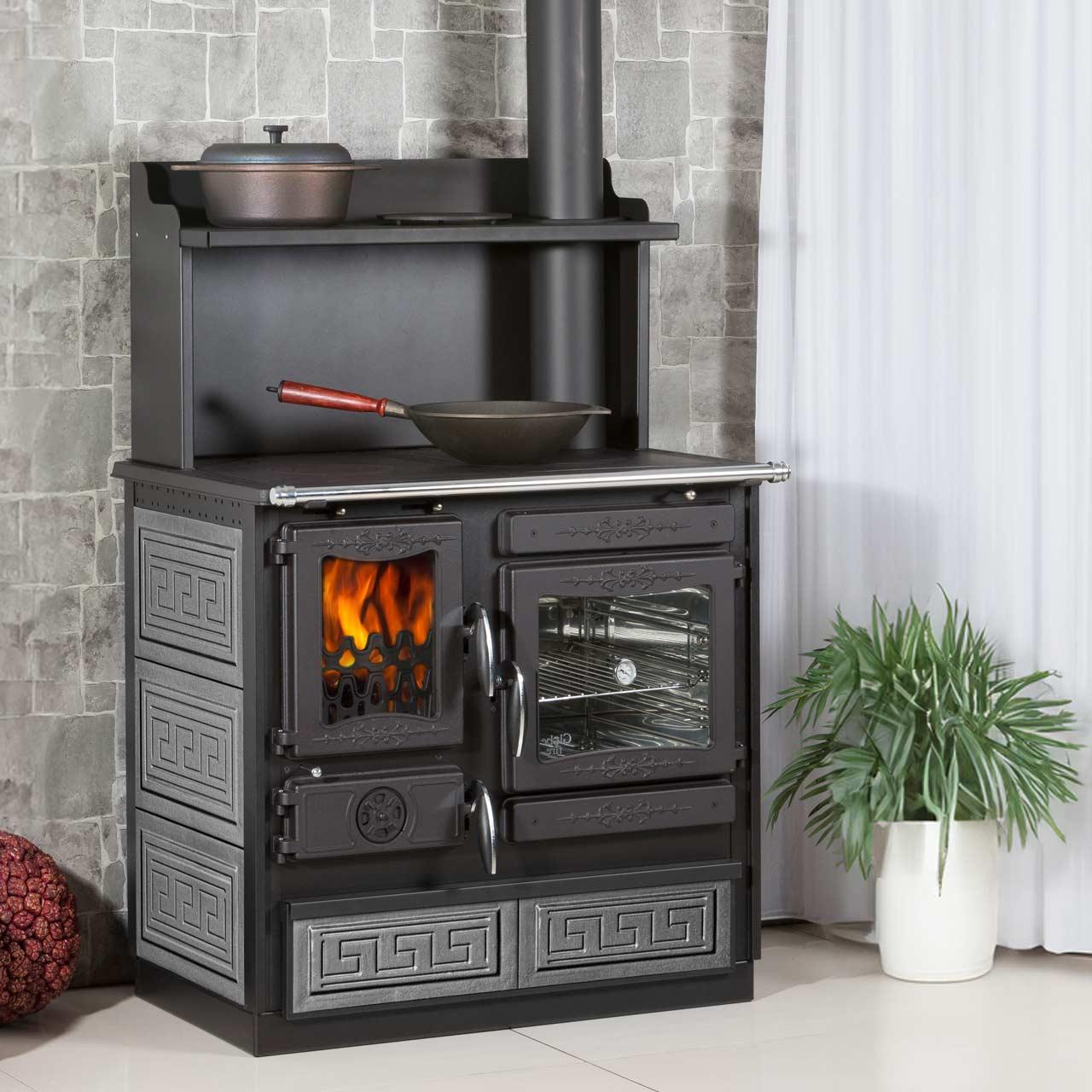 Holzherd Globe Fire Alhena Guss 6,6 kW - Ausführung: Backofen Rechts, Korpus Grau