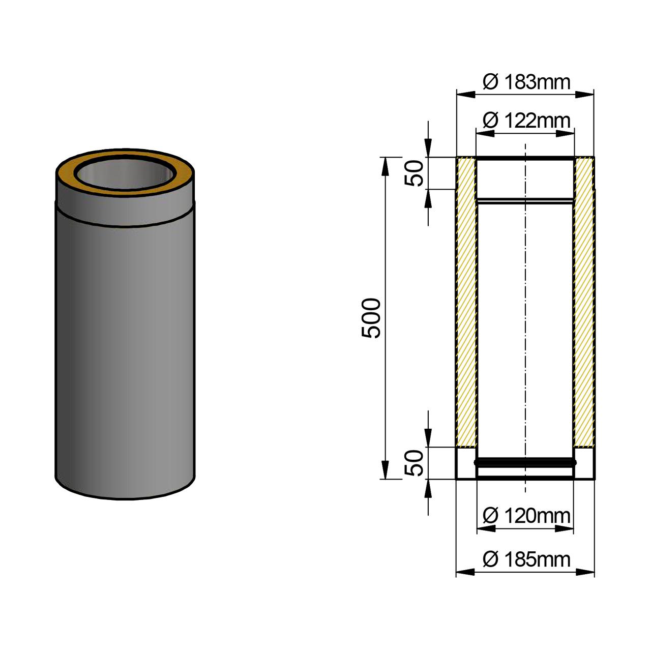 Doppelwandiges Ofenrohr DN 120 mm Länge 500 mm Schwarz