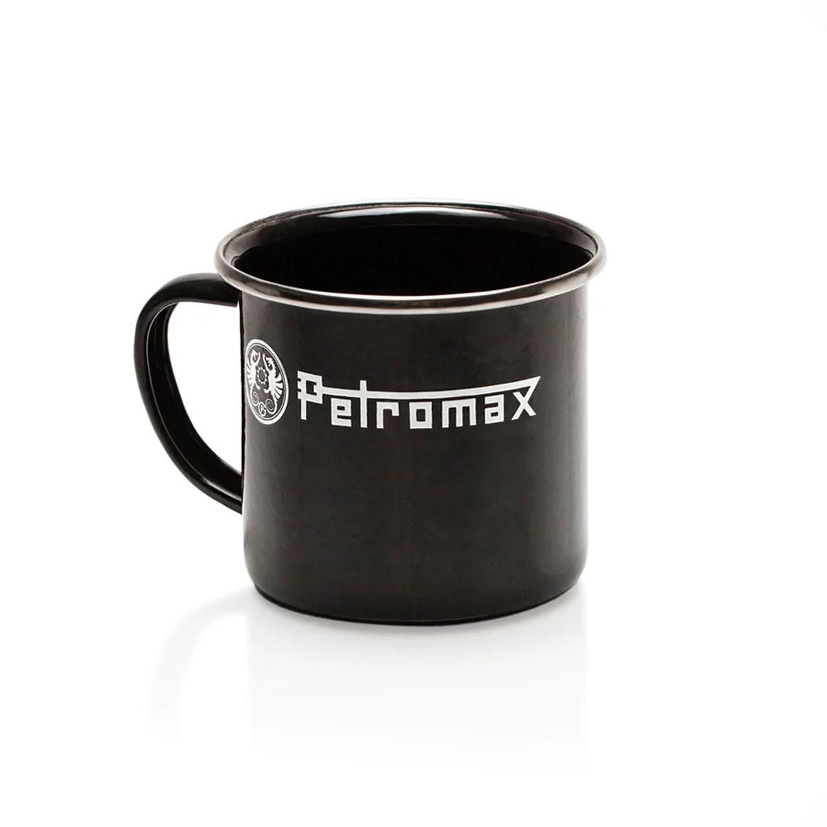 Petromax Emaille Geschirrset inkl. Becher, Schüsseln & Teller - Emaille Becher: schwarz - Emaille Schalen (2 Stück): weiß - Emaille Teller (2 Stück): weiß