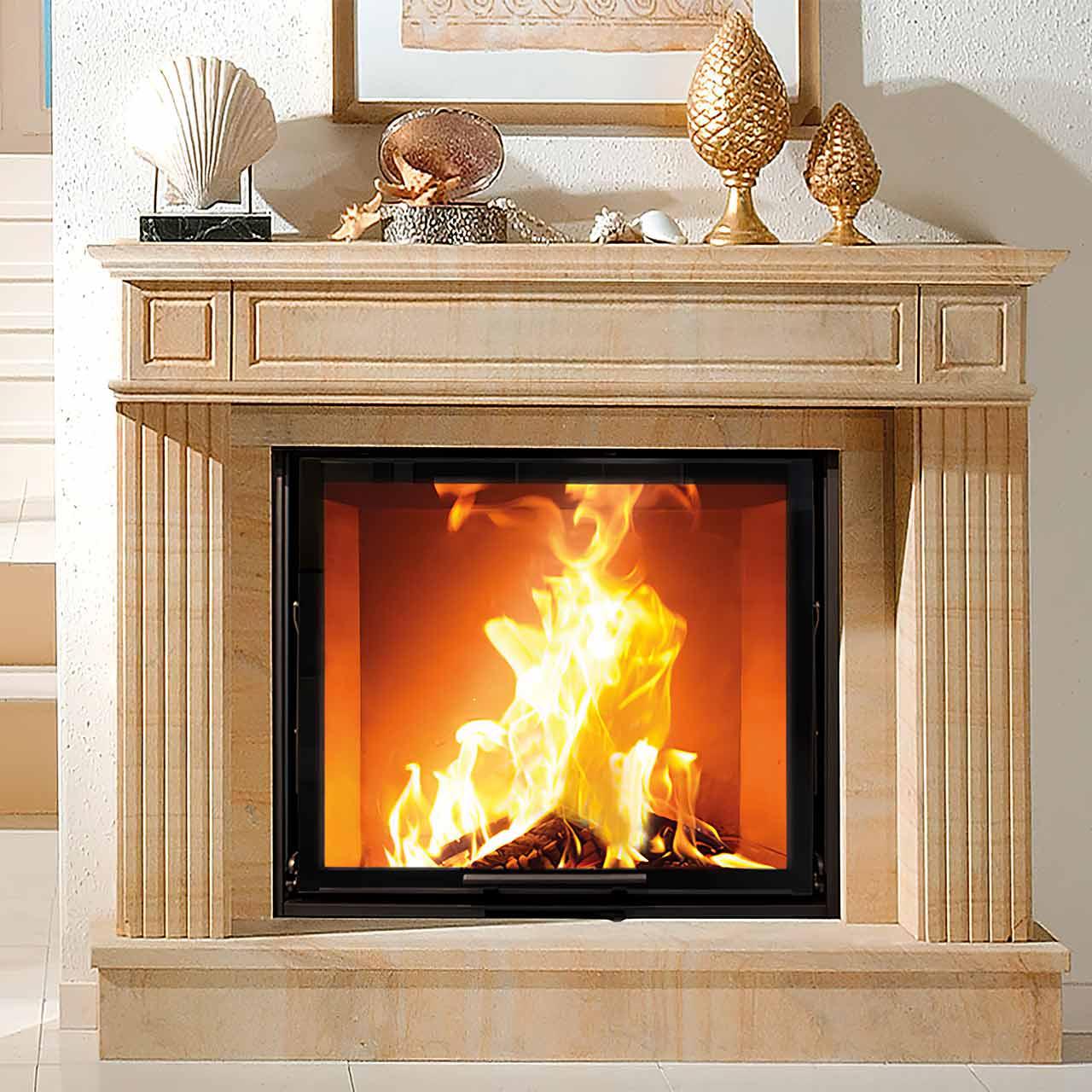 Kaminbausatz Camina N5 mit 9 kW - Naturstein: Blanco Macael - Feuerraumauskleidung: Schamotte weiß