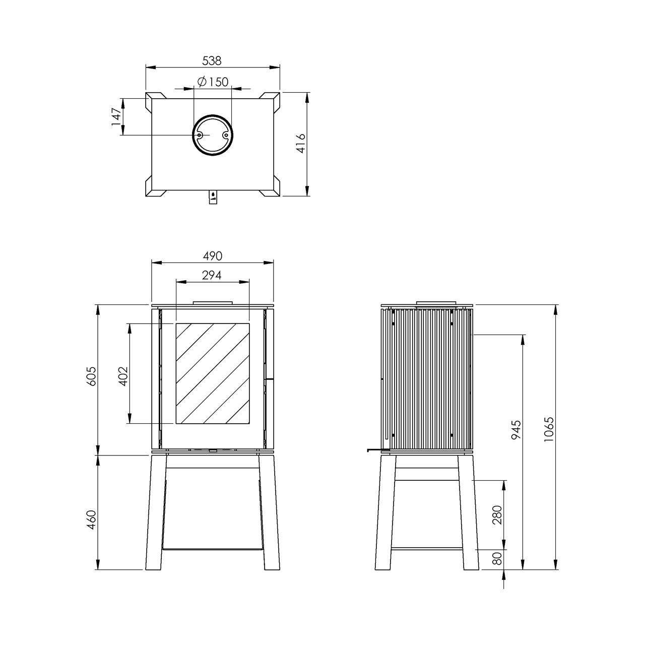Kaminofen Trimline Woody Loft 6,4 kW - Untergestell: Holzsockel