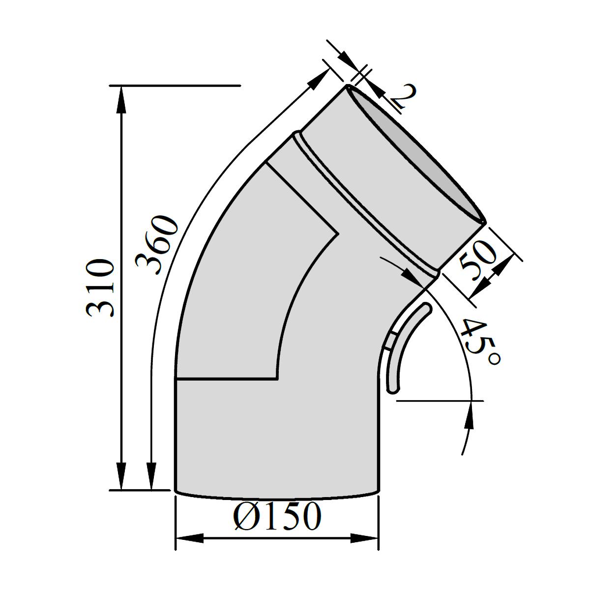 Ofenrohr Bogen gezogen mit Tür DN 150 mm 45° Grau