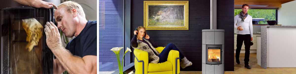 Monteure reinigen ihren Arbeitsplatz und zufriedene Kunden mit einem befeuerten Kamin