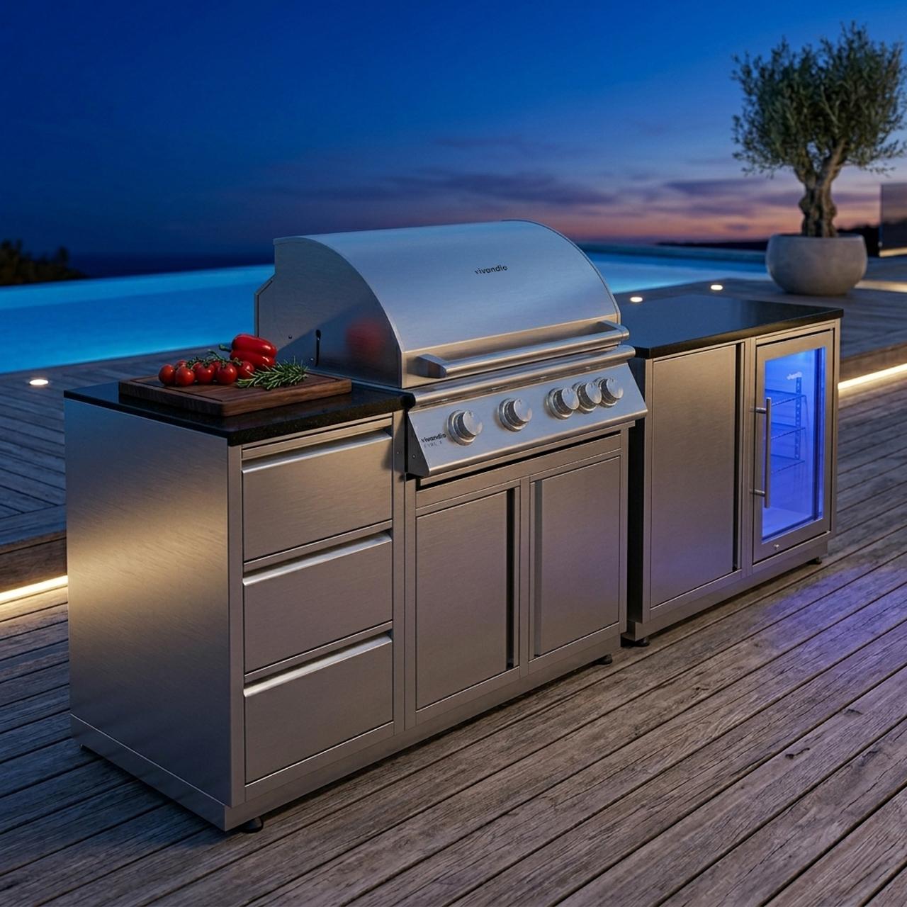 Outdoorküche vivandio quub / Mobile Outdoorküche mit Grill, Kühlschrank & Schubladen - Ausführung: silber - Mobilität: mit Stellfüßen