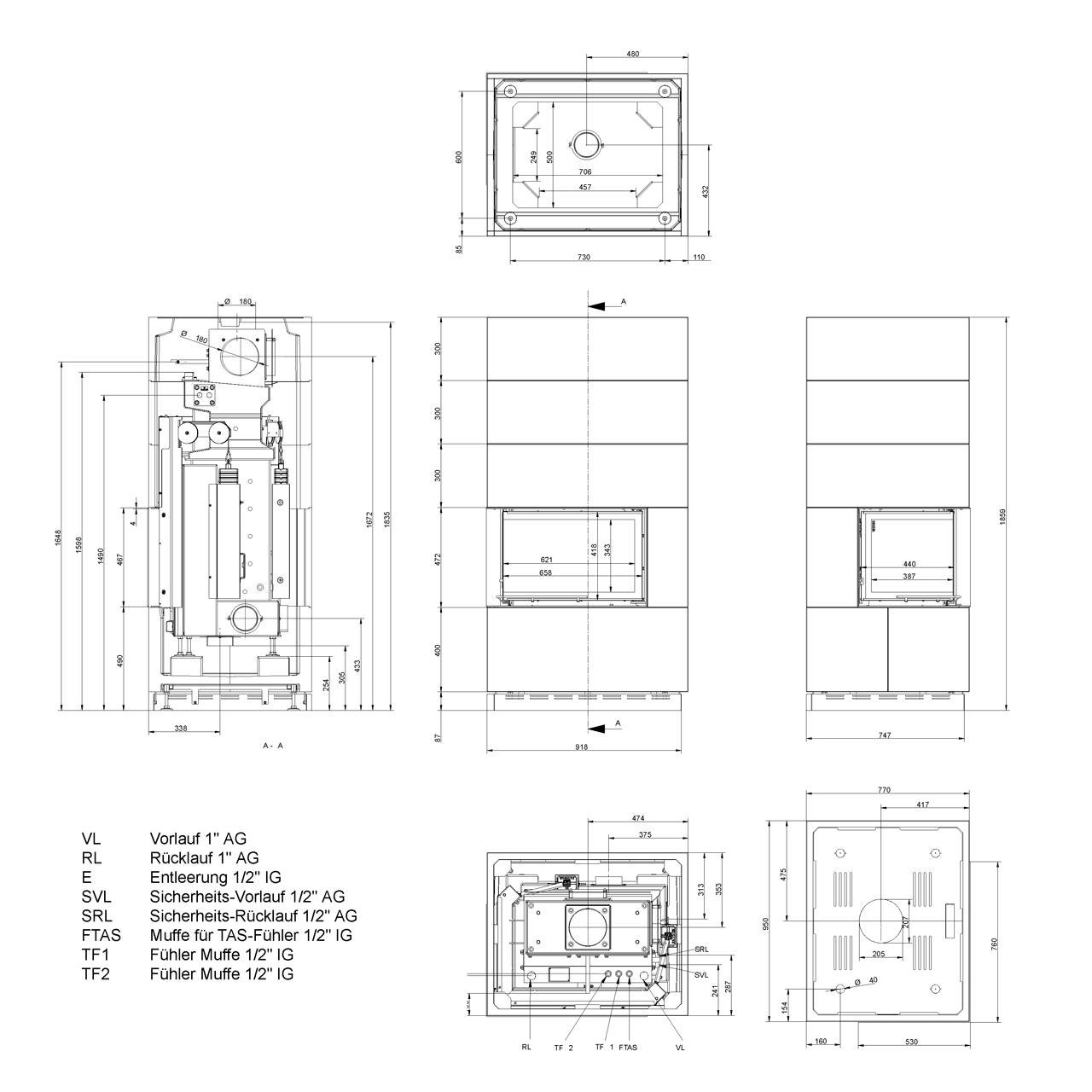 Kaminbausatz Brunner wasserführend BSK 02.1 Kamin-Kessel Eck 45/67/44 links, Schiebetür 12 kW - Kessel-Ausführung: Glaskeramik (GK)
