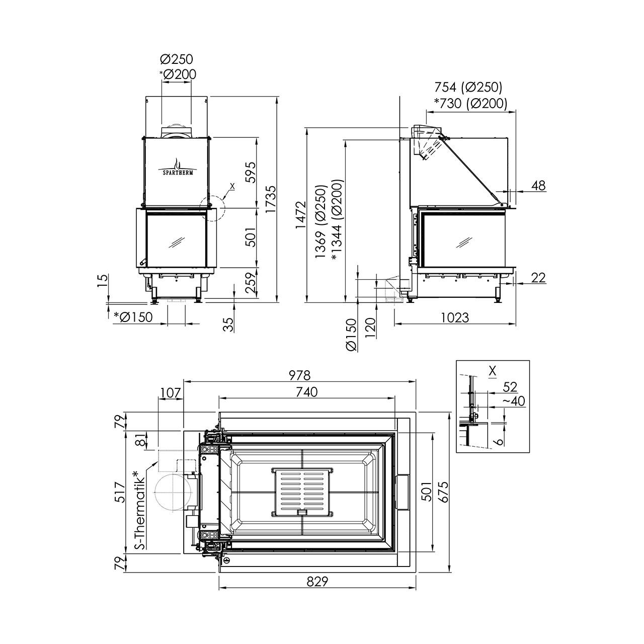 Kamineinsatz Spartherm Premium A-U-70h 11,4 kW - Feuerraumauskleidung: weiß - Rauchrohrdurchmesser: 250 mm