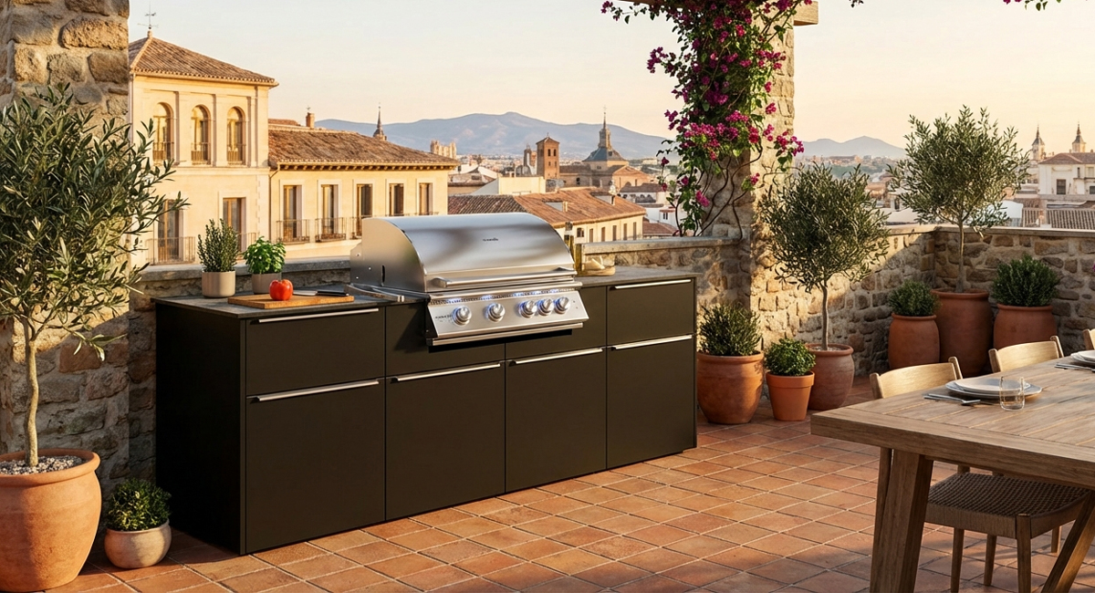 Das Bild dient lediglich der Veranschaulichung und zeigt eine Beispielkonfiguration der vivandio elements Outdoorküche Florenz