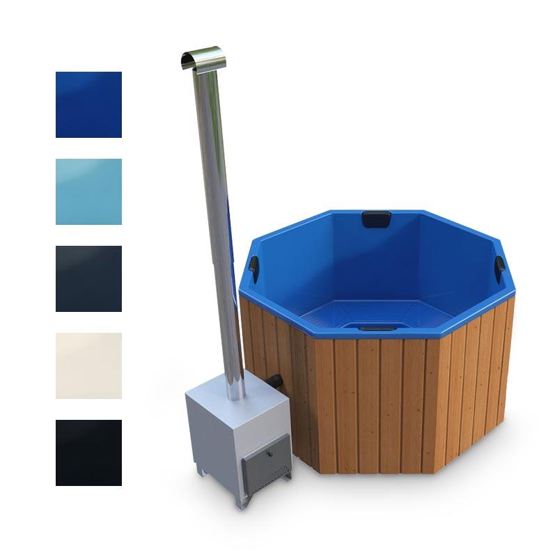 Hot Tub AA-Kaminwelt Badefass achteckig mit Kunststoffeinsatz und Außenofen - Größe: 1,8x1,8m - Ausführung: RAL 9005 - Ofen: Aluminium 27 kW