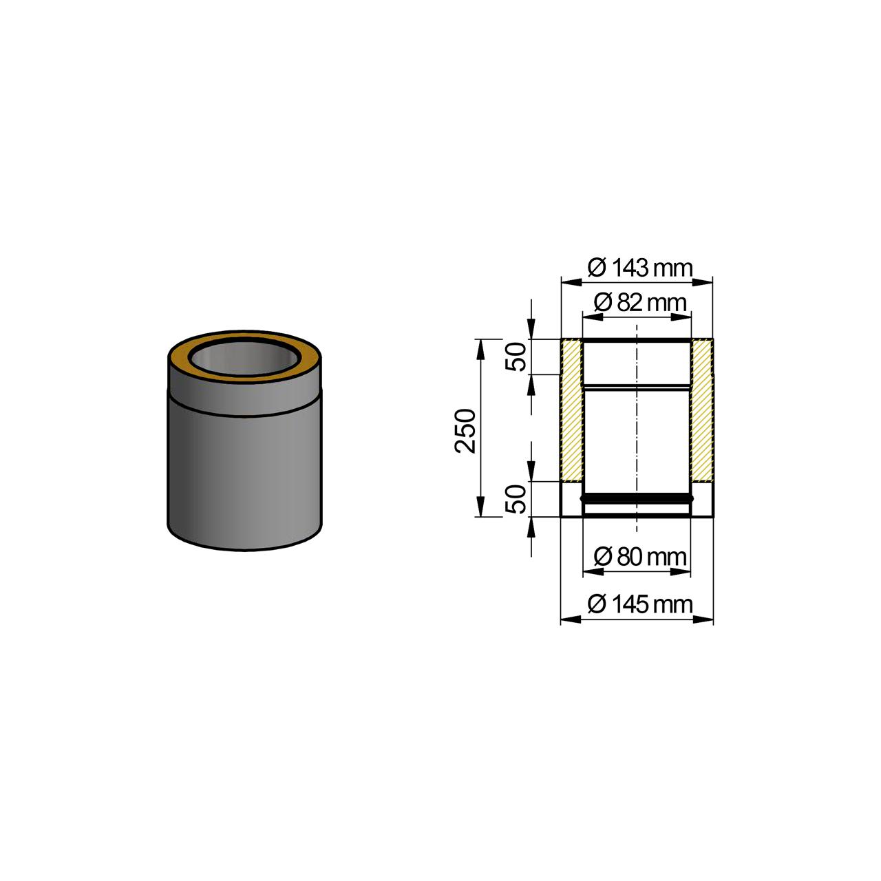Doppelwandiges Pelletofenrohr DN 80 mm Länge 250 mm Schwarz