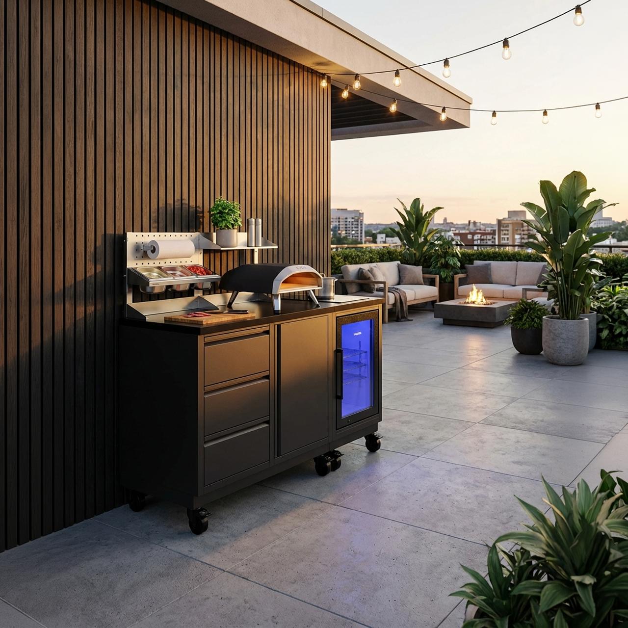 Outdoorküche vivandio quub / Kompakte Gartenküche mit Kühlschrank und Kochfeld - Ausführung: schwarz - Mobilität: mit Stellfüßen